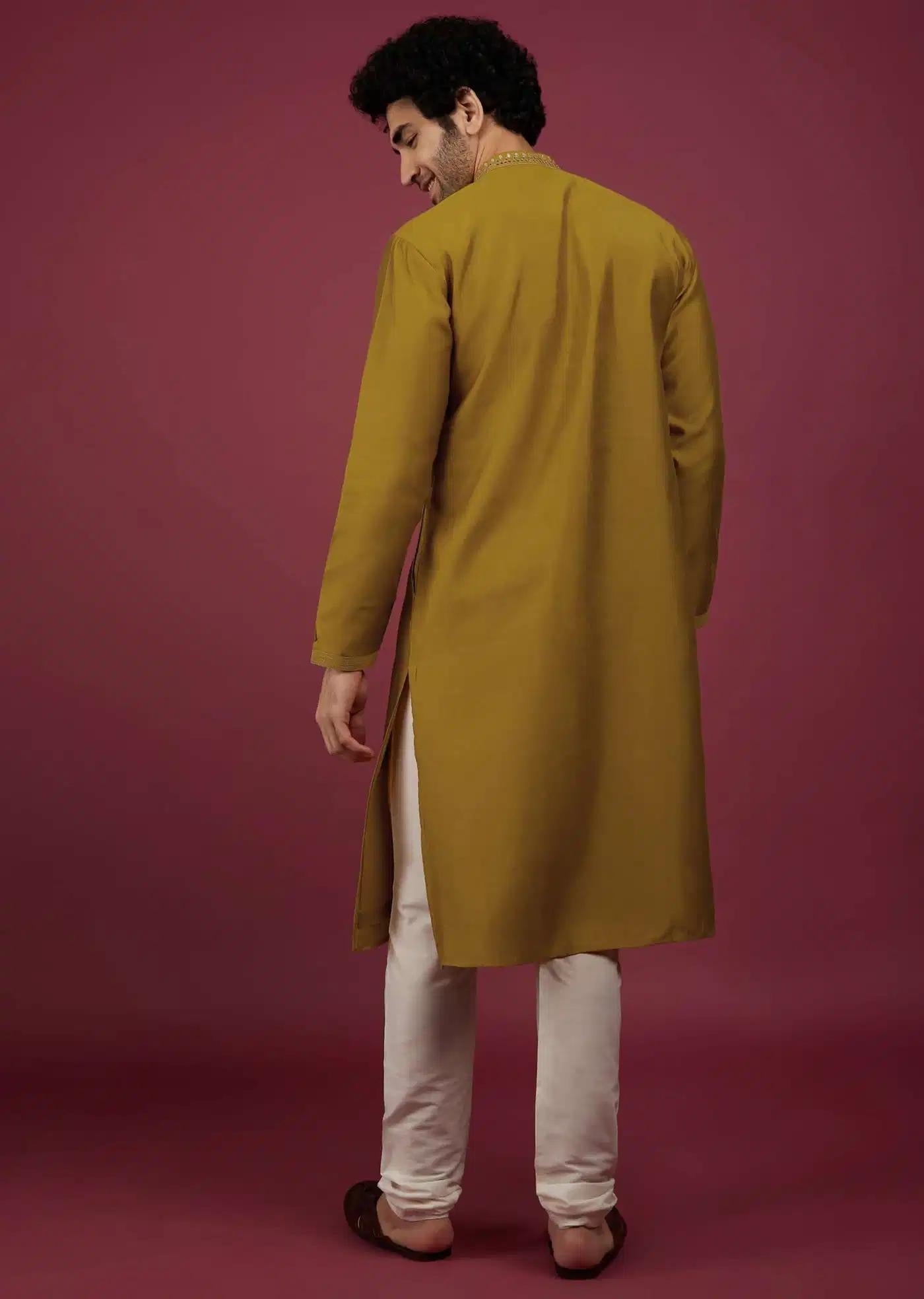 Yellow Silk Kurta Set In Leather Work On Yoke Elegant Designer Kurta Sets