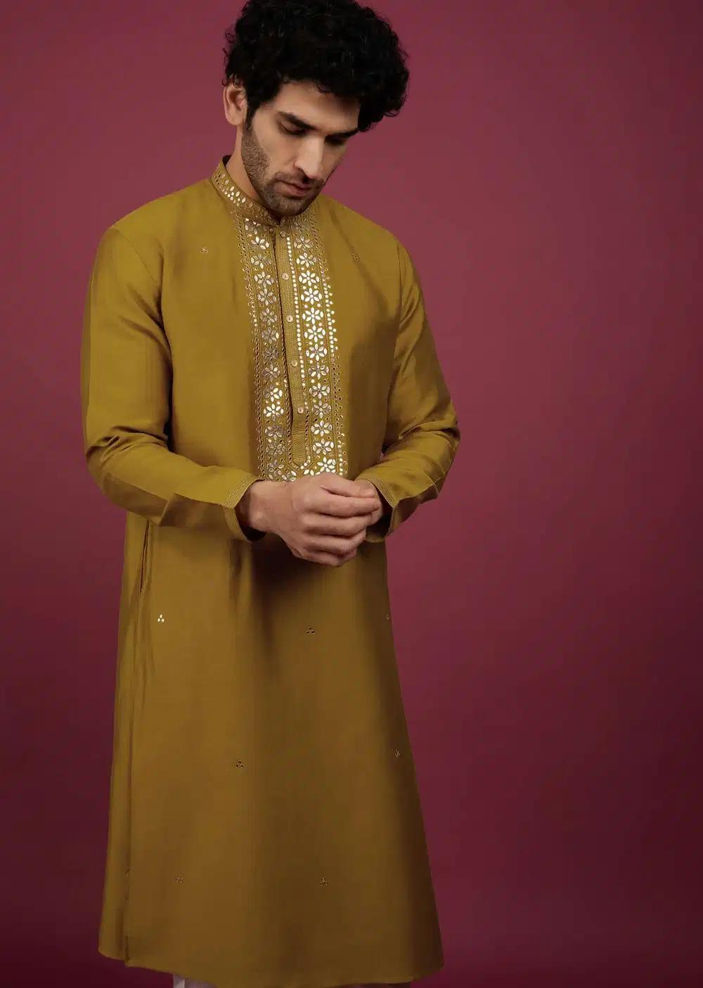 Yellow Silk Kurta Set In Leather Work On Yoke Elegant Designer Kurta Sets