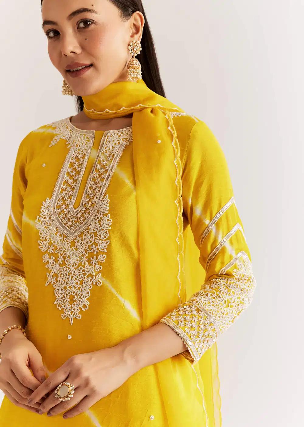 Yellow Silk Leheriya Kurta Ensemble With Moti Work Outfit