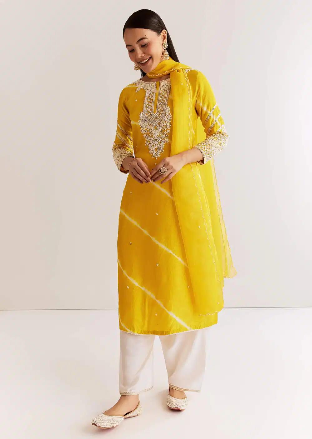 Yellow Silk Leheriya Kurta Ensemble With Moti Work Outfit
