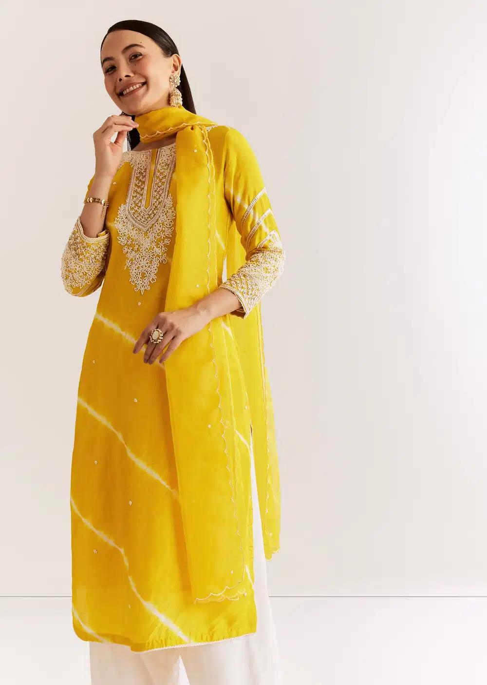 Yellow Silk Leheriya Kurta Ensemble With Moti Work Outfit