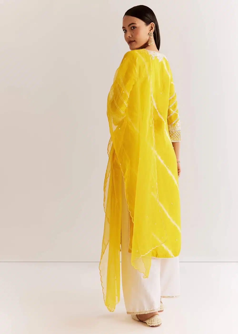 Yellow Silk Leheriya Kurta Ensemble With Moti Work Outfit