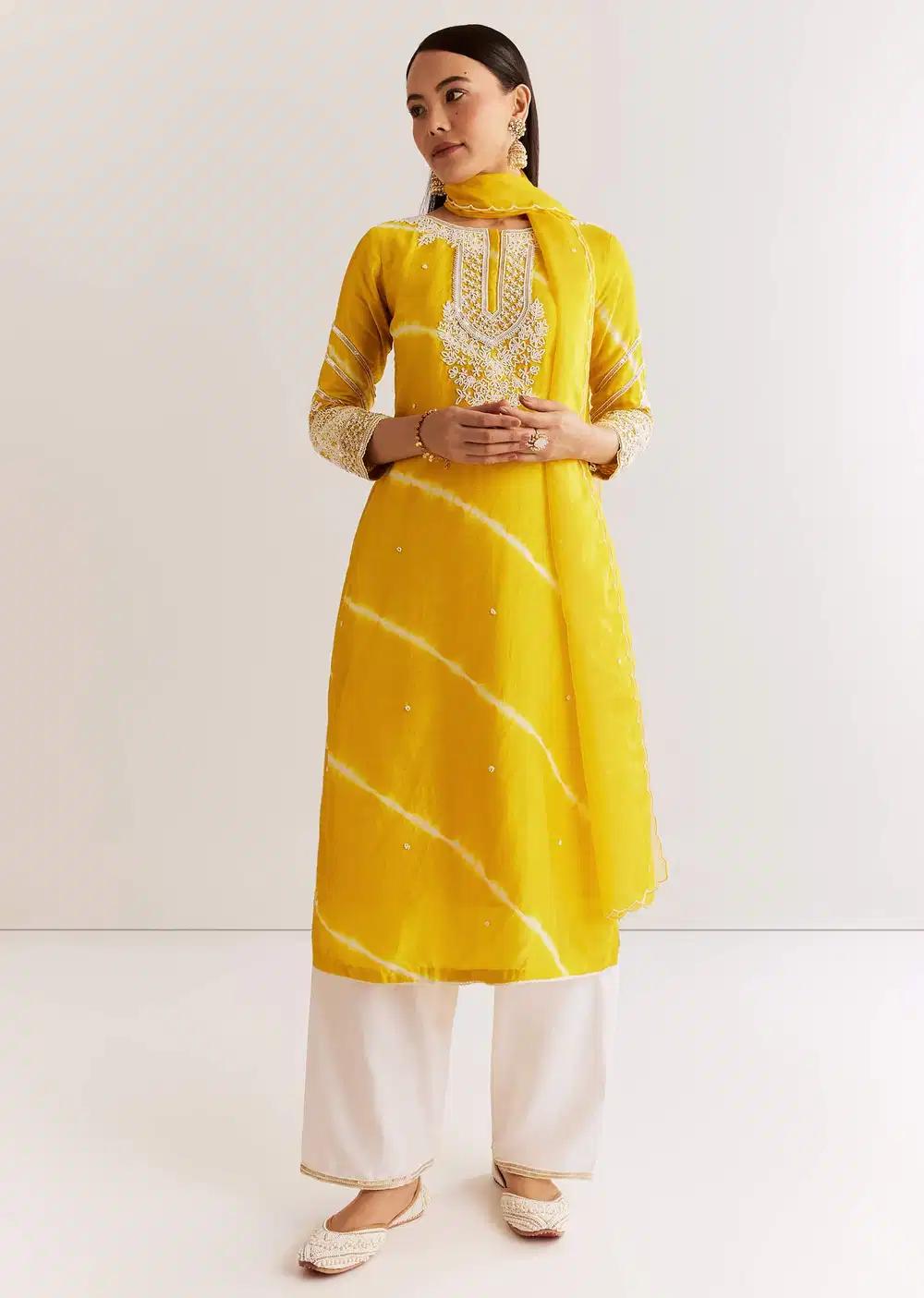Yellow Silk Leheriya Kurta Ensemble With Moti Work Outfit