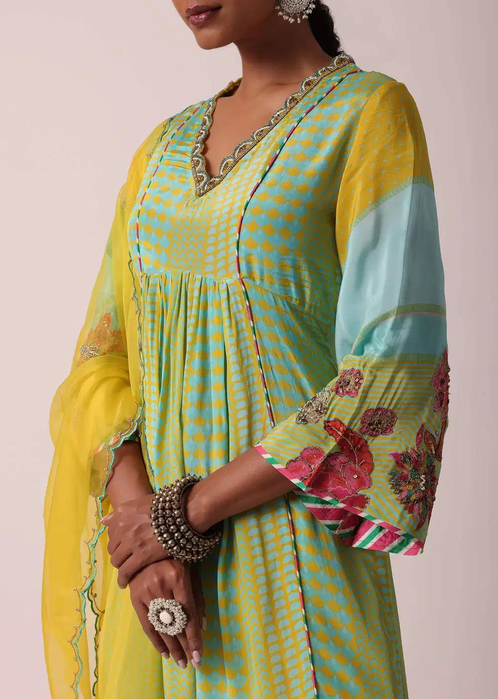 Yellow Silk Palazzo Ensemble With Printed Kurta Outfit