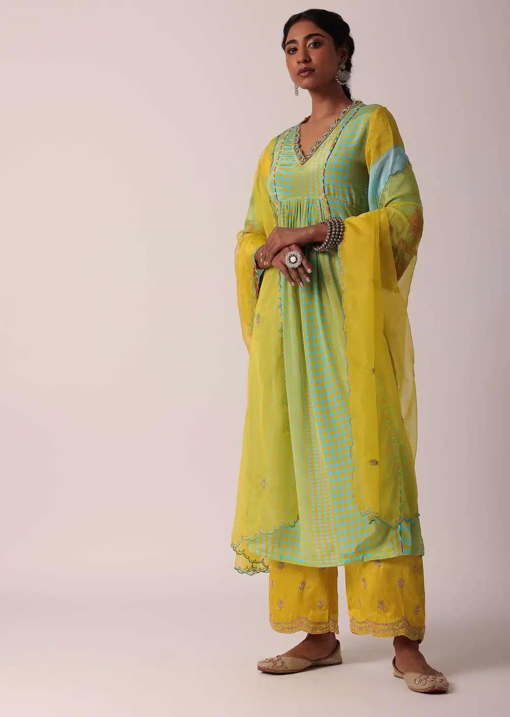 Yellow Silk Palazzo Ensemble With Printed Kurta Outfit