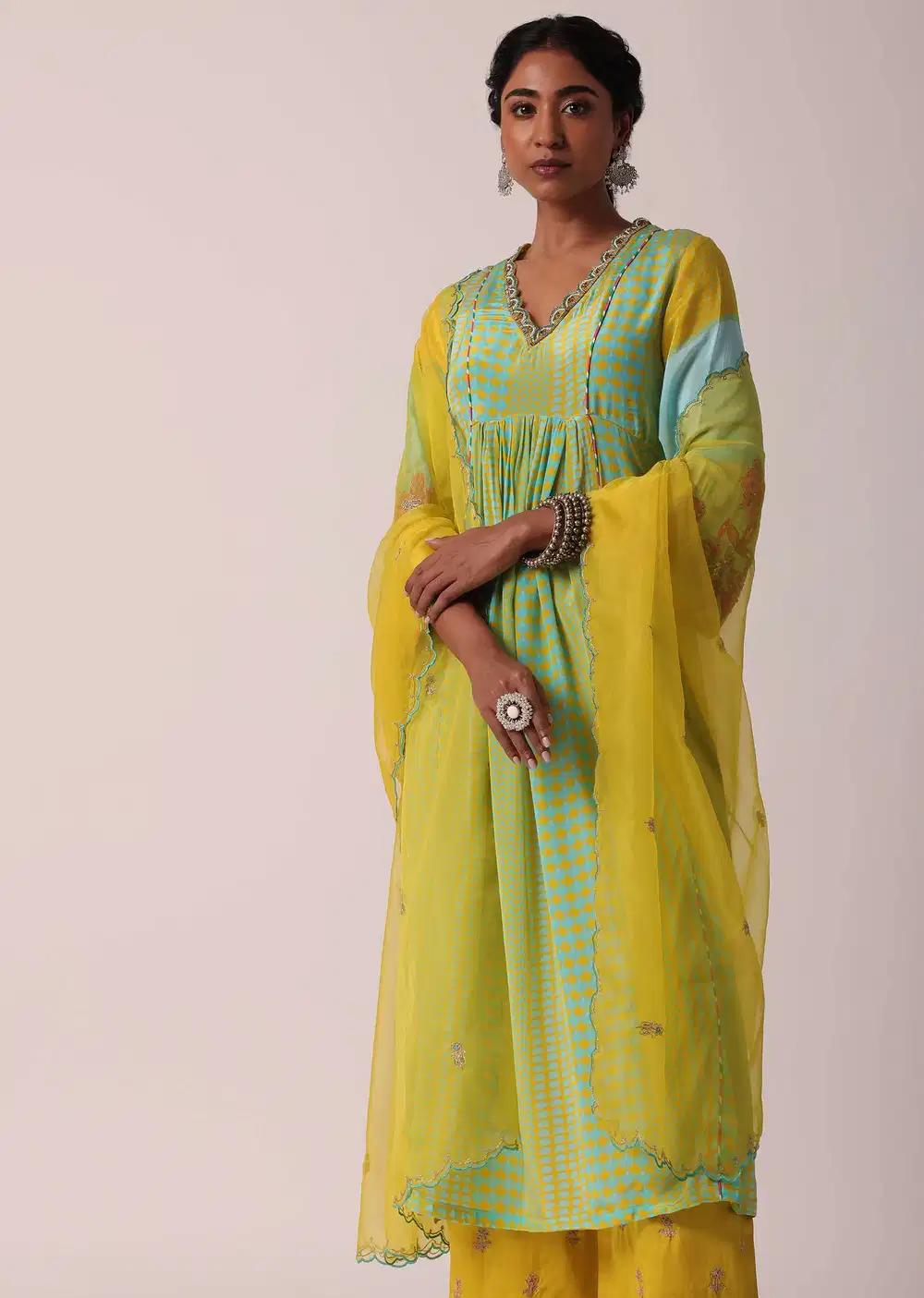 Yellow Silk Palazzo Ensemble With Printed Kurta Outfit