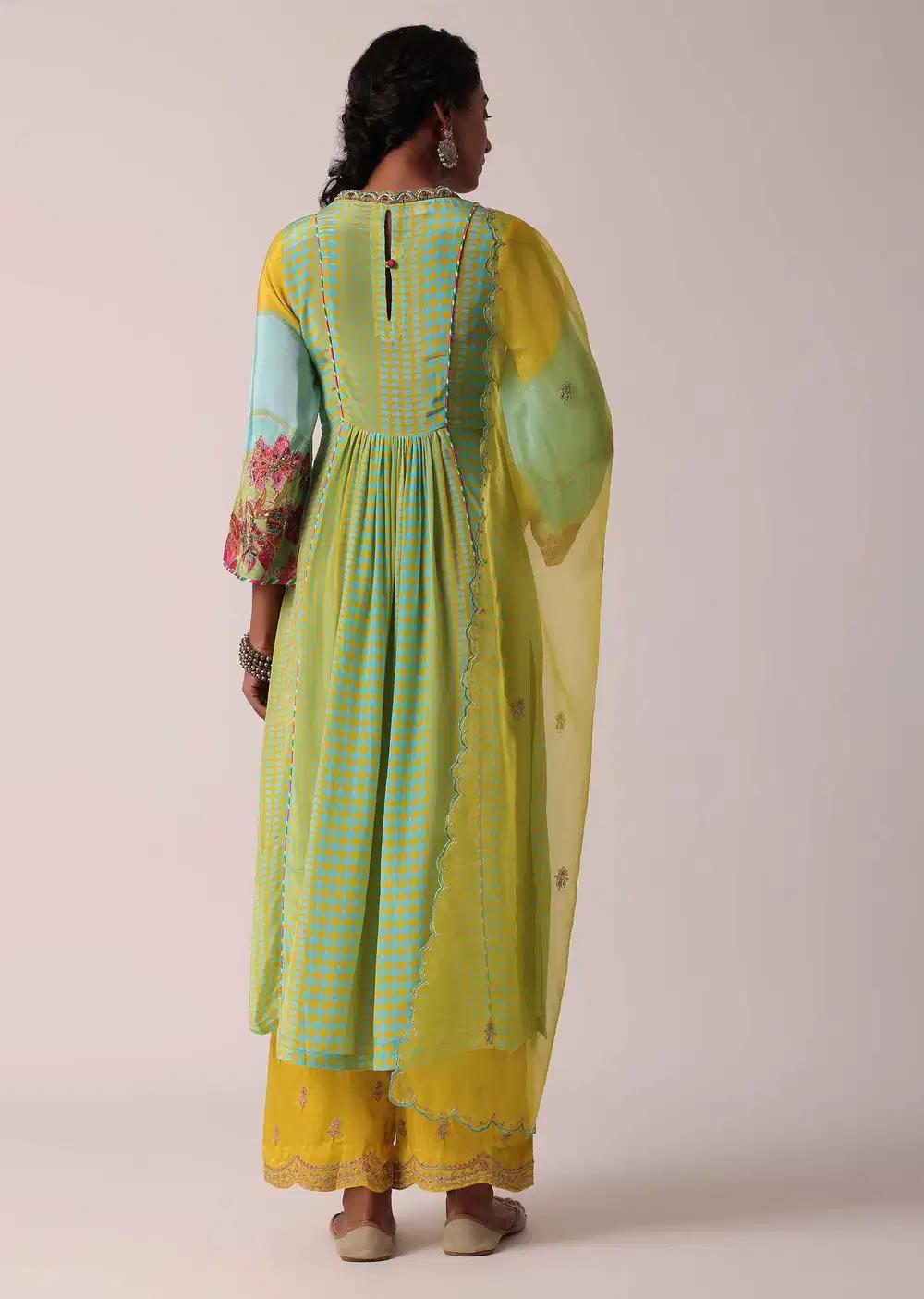 Yellow Silk Palazzo Ensemble With Printed Kurta Outfit
