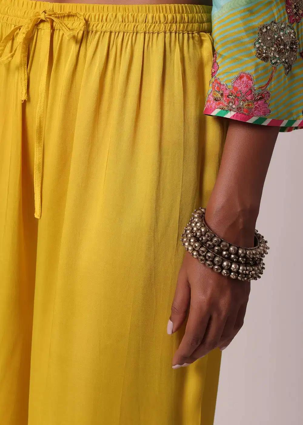 Yellow Silk Palazzo Ensemble With Printed Kurta Outfit