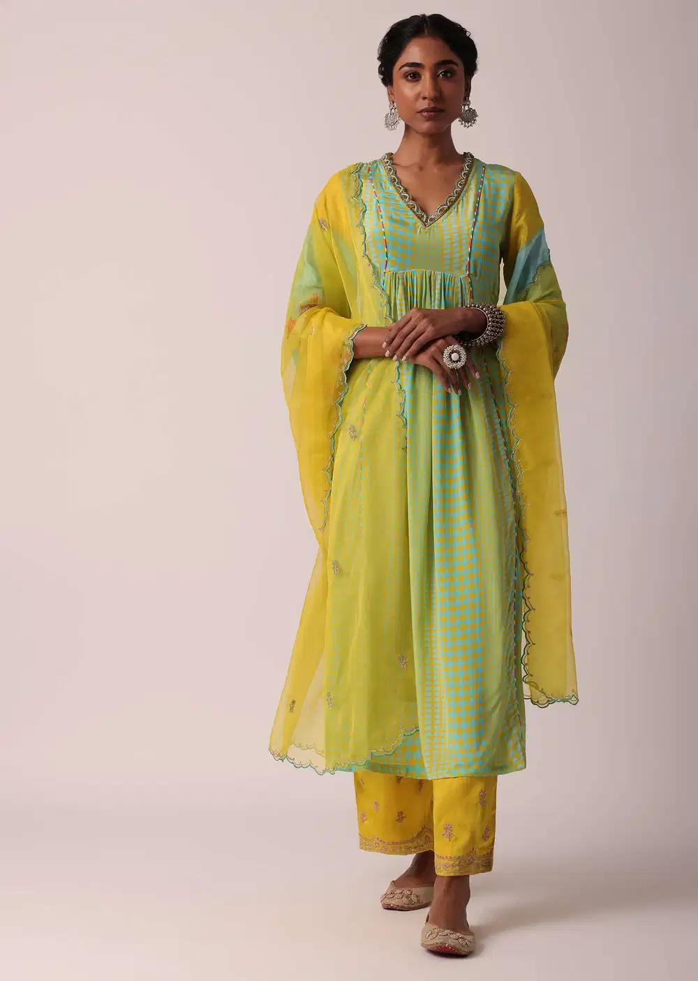 Yellow Silk Palazzo Ensemble With Printed Kurta Outfit