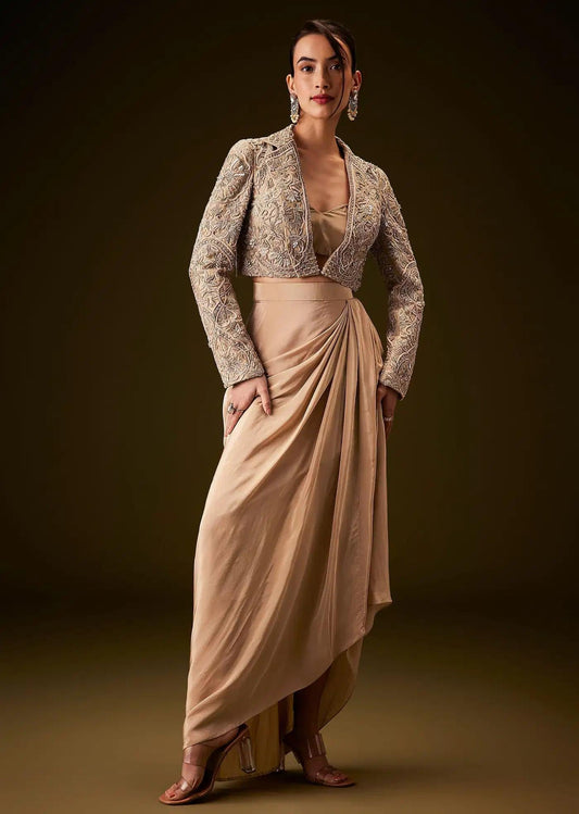 Zardozi Work Beige Gold Jacket With Draped Skirt And Bustier