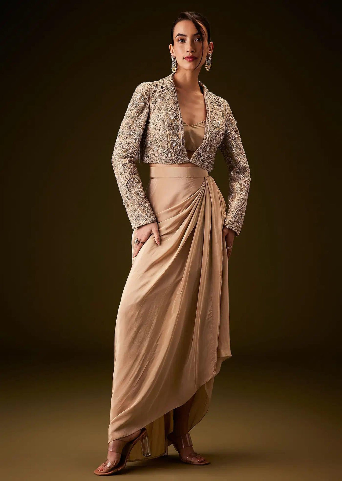 Zardozi Work Beige Gold Jacket With Draped Skirt And Bustier