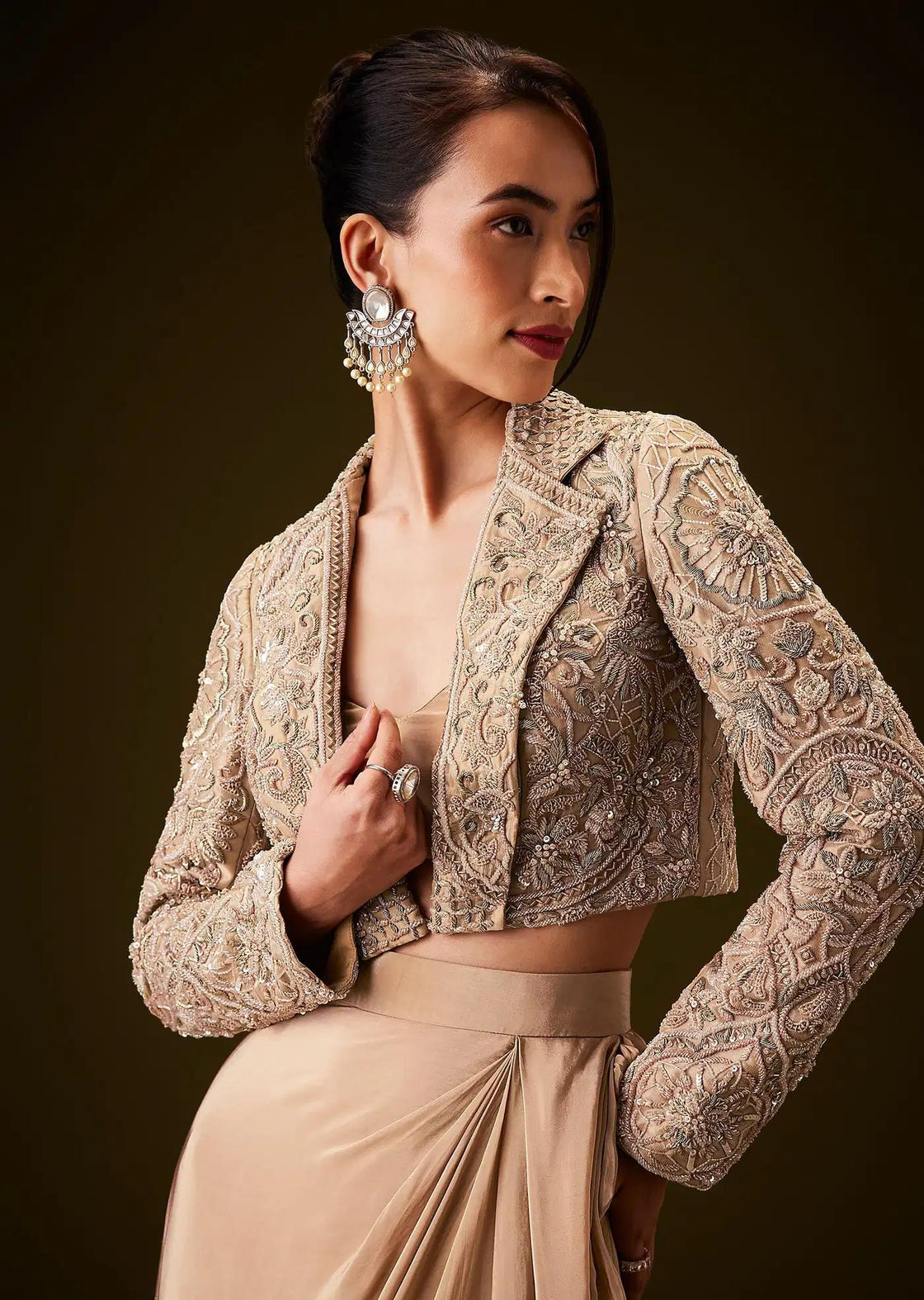 Zardozi Work Beige Gold Jacket With Draped Skirt And Bustier