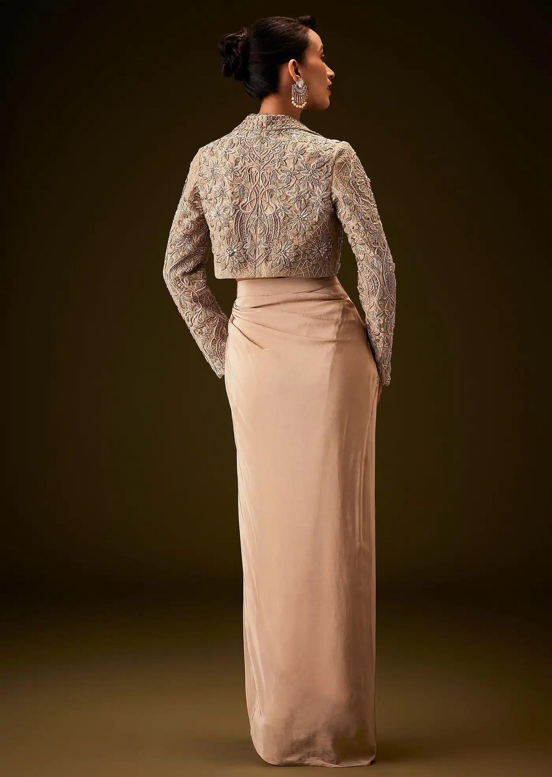 Zardozi Work Beige Gold Jacket With Draped Skirt And Bustier
