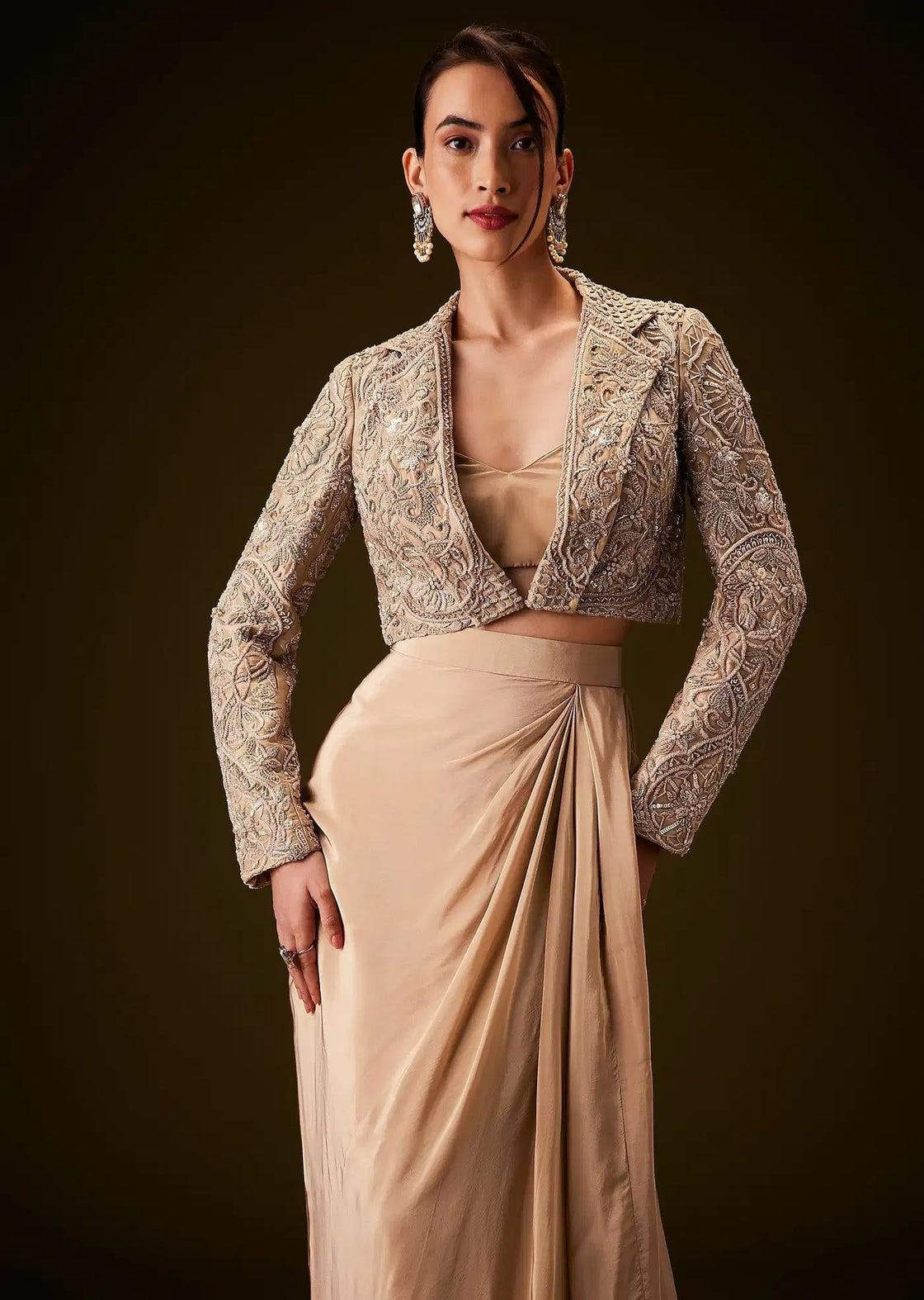 Zardozi Work Beige Gold Jacket With Draped Skirt And Bustier