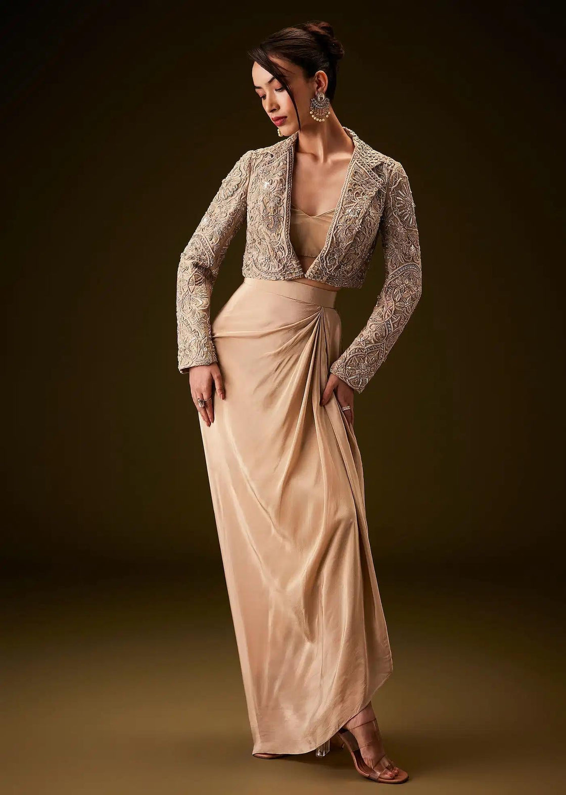 Zardozi Work Beige Gold Jacket With Draped Skirt And Bustier