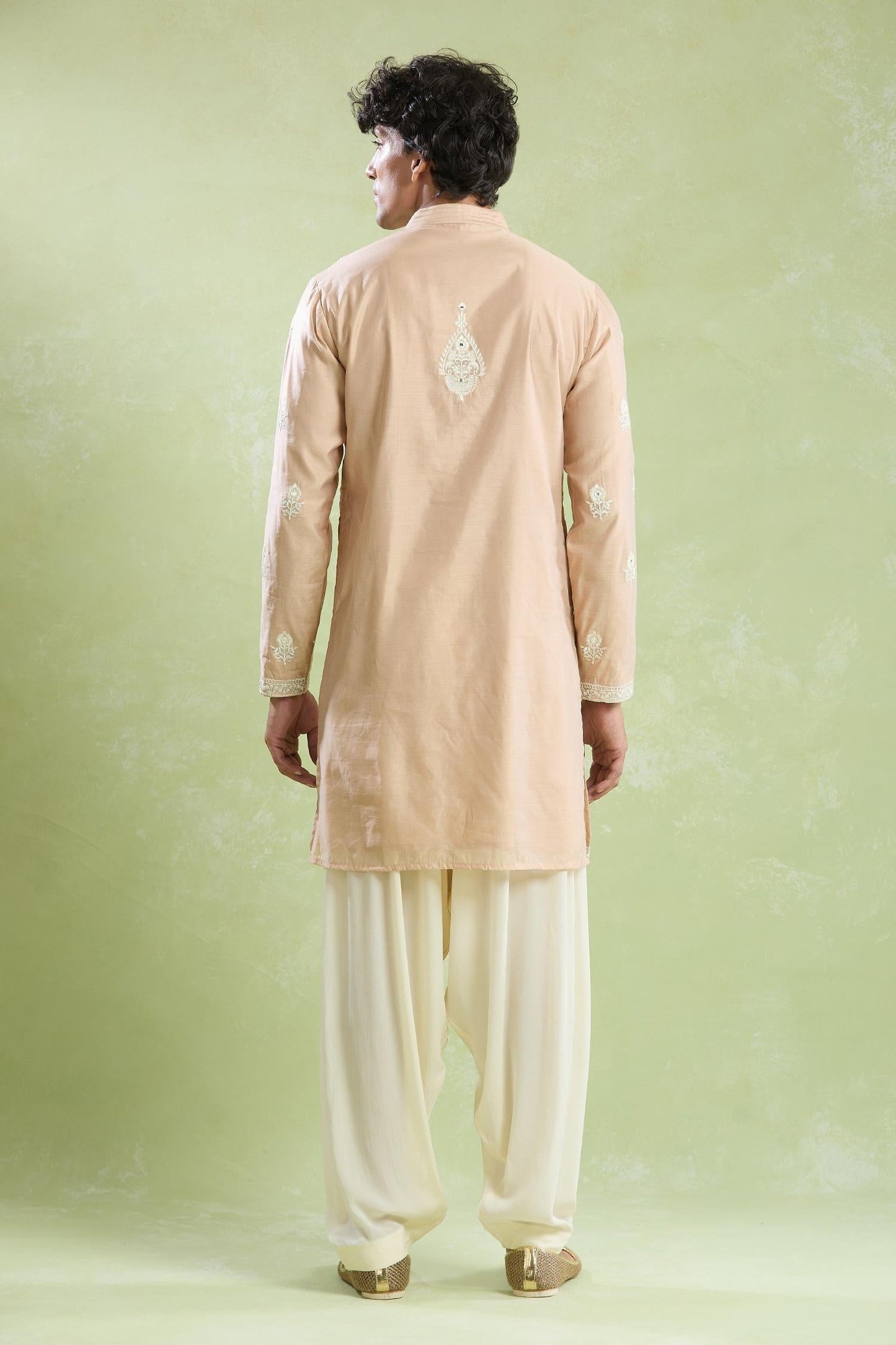 Kurta With Salwar Beige Chanderi Crepe Embroidery Mughal Floral