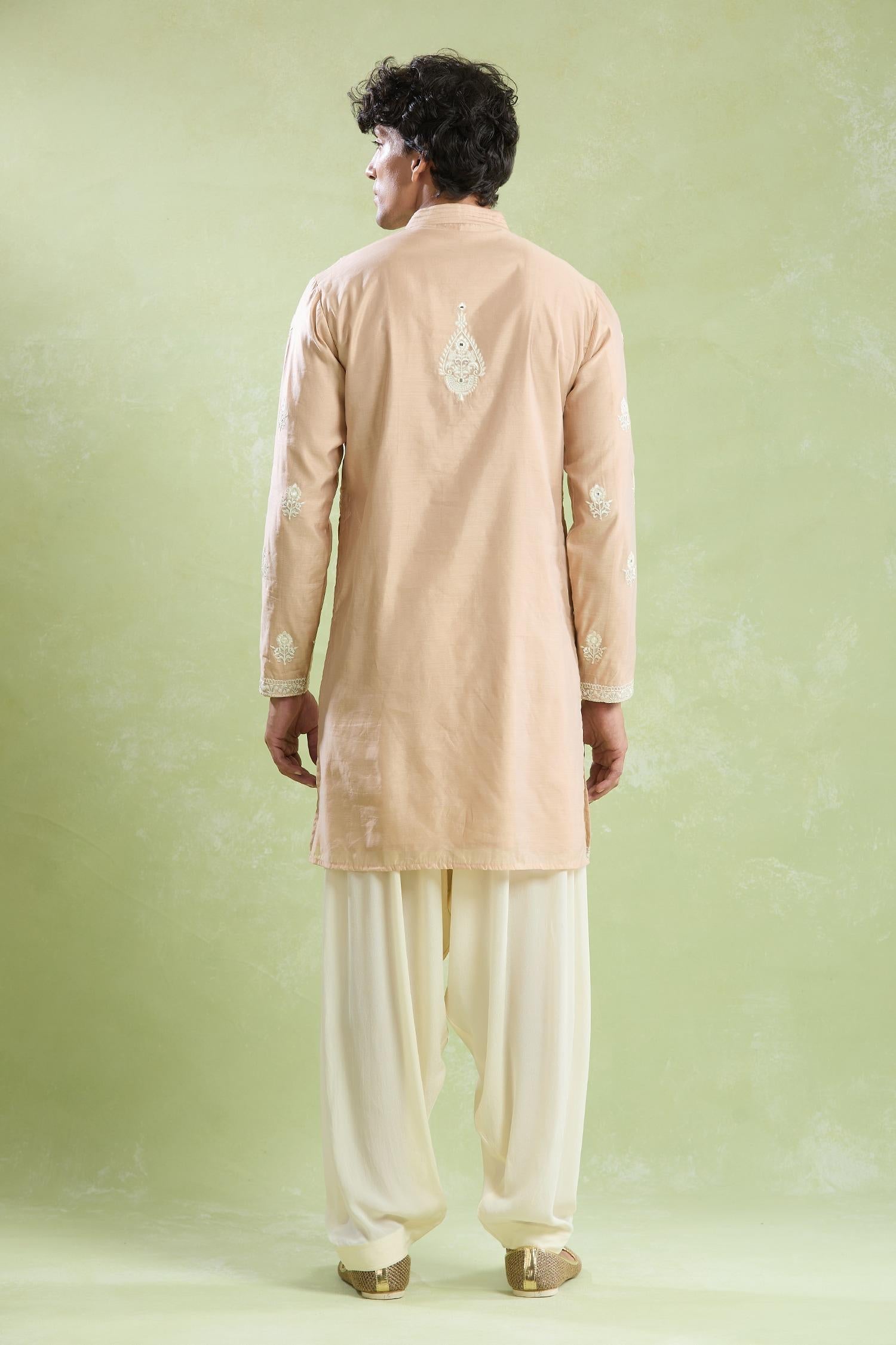 Kurta With Salwar Beige Chanderi Crepe Embroidery Mughal Floral