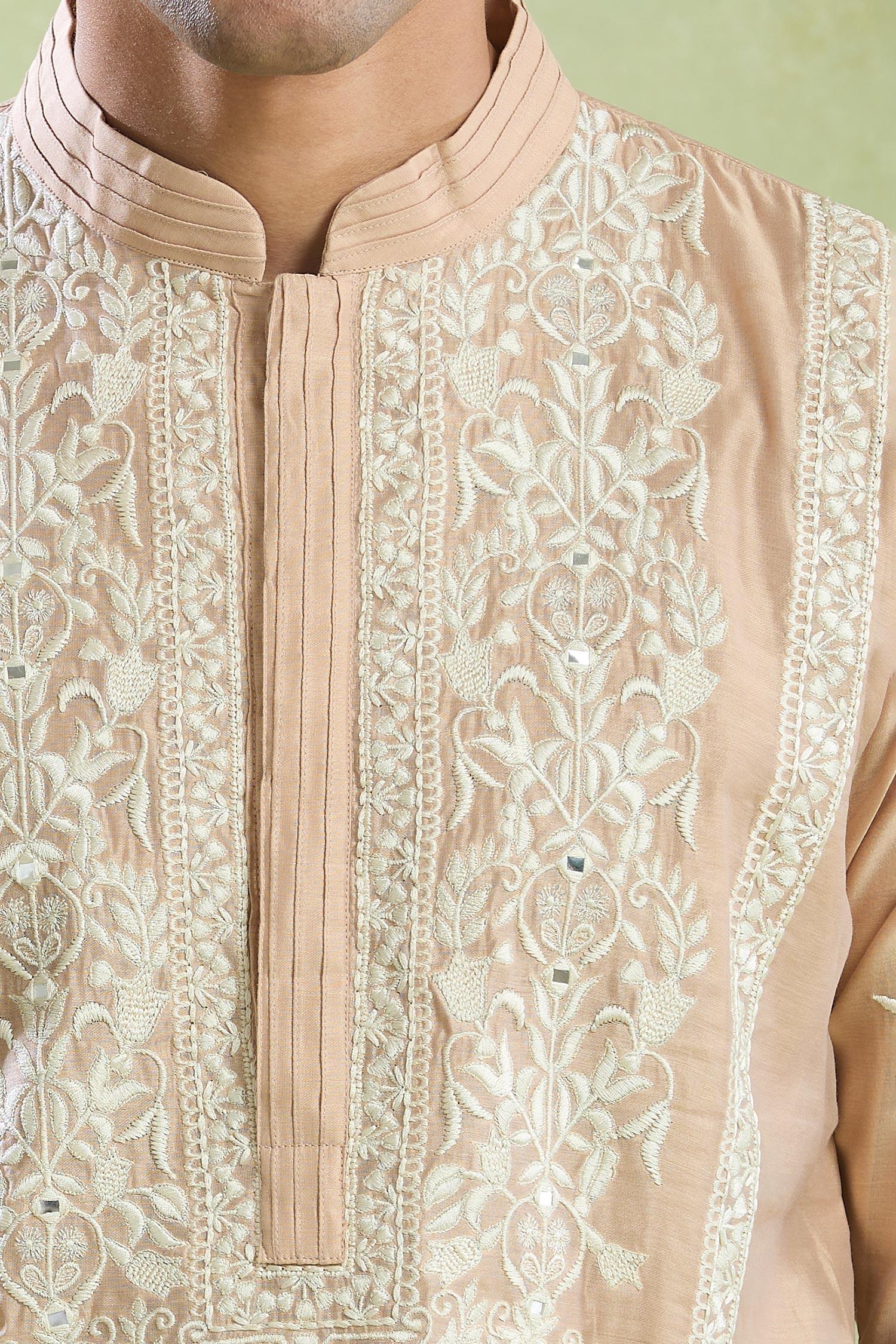 Kurta With Salwar Beige Chanderi Crepe Embroidery Mughal Floral