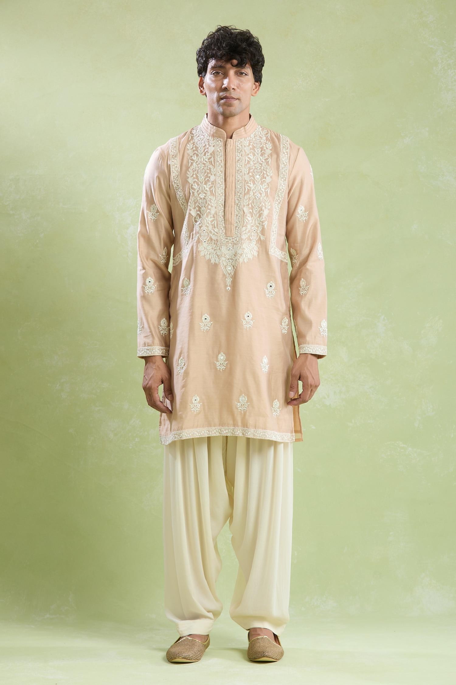 Kurta With Salwar Beige Chanderi Crepe Embroidery Mughal Floral