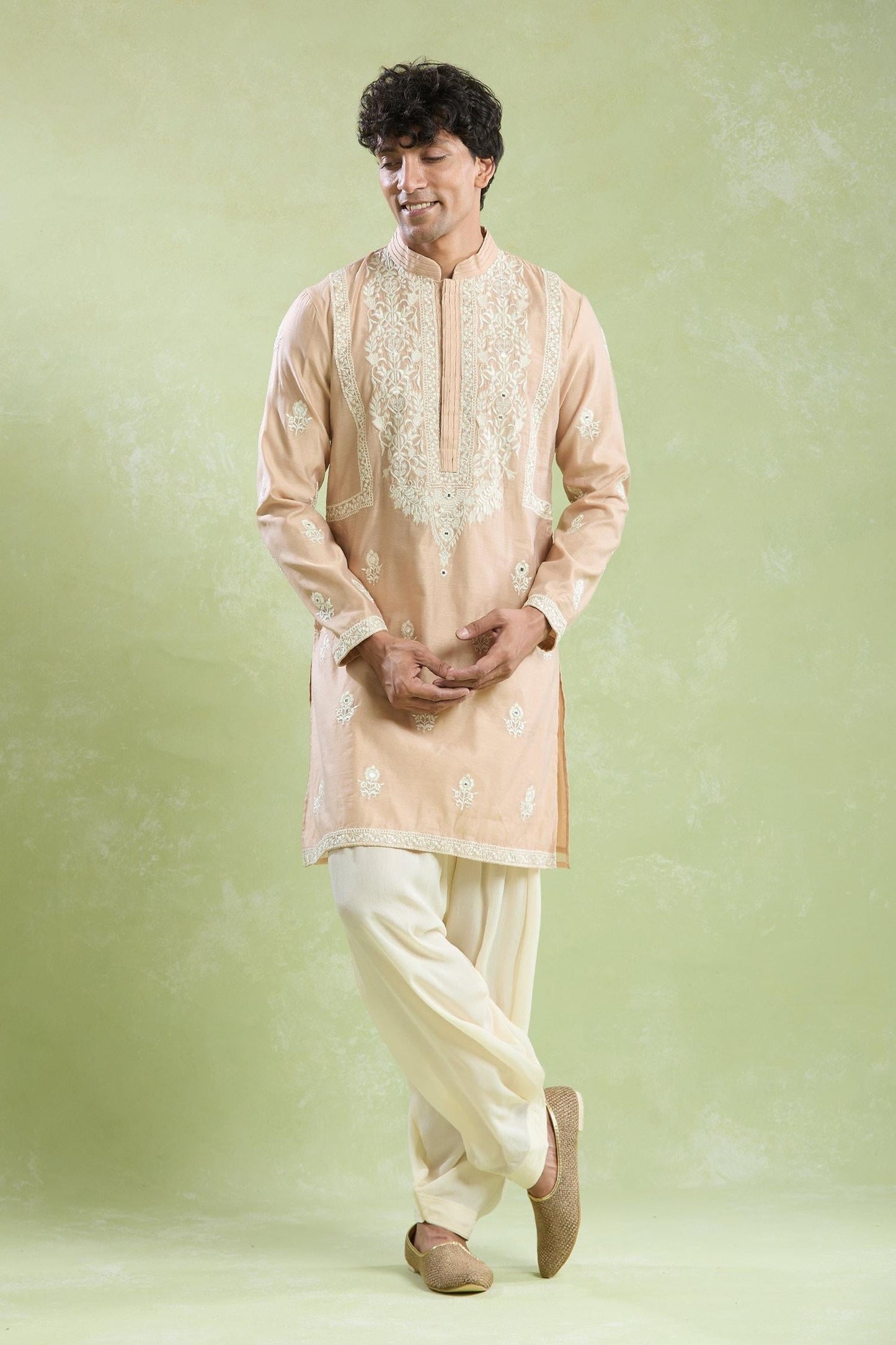 Kurta With Salwar Beige Chanderi Crepe Embroidery Mughal Floral