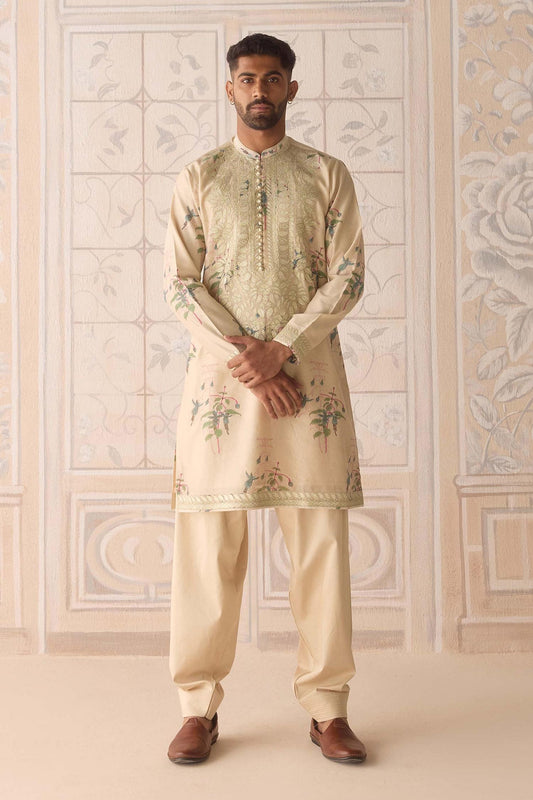 Kurta Set Beige Chanderi Satin Embroidery Sandshell Neutral