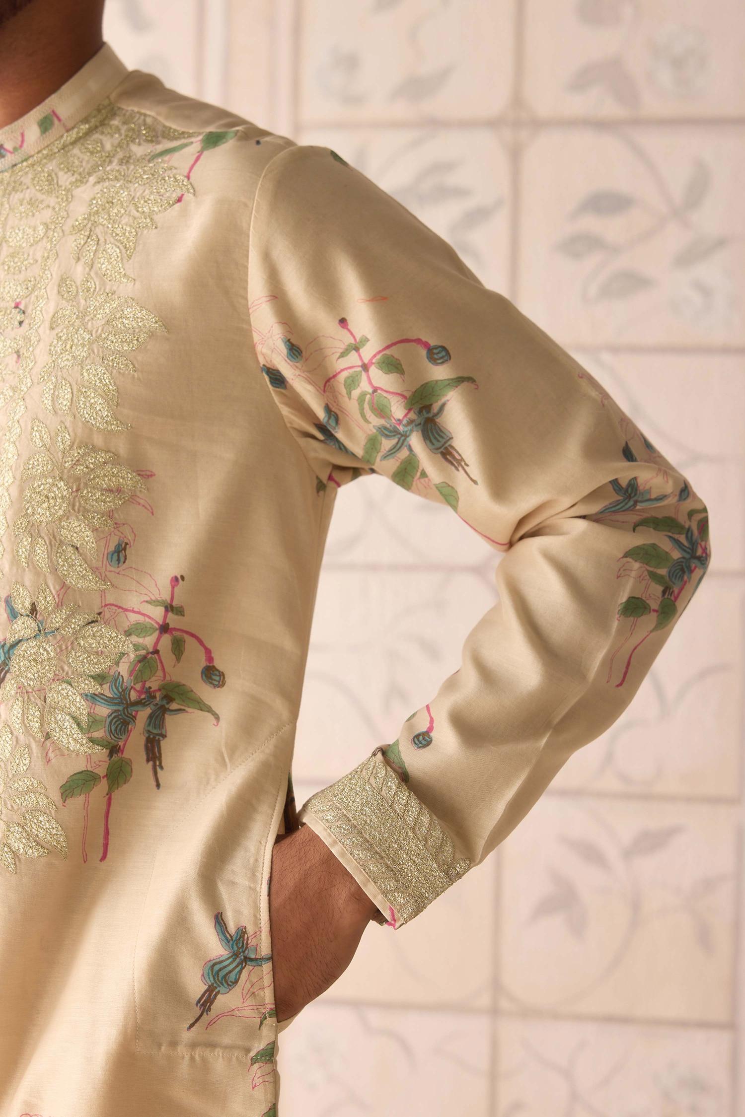 Kurta Set Beige Chanderi Satin Embroidery Sandshell Neutral