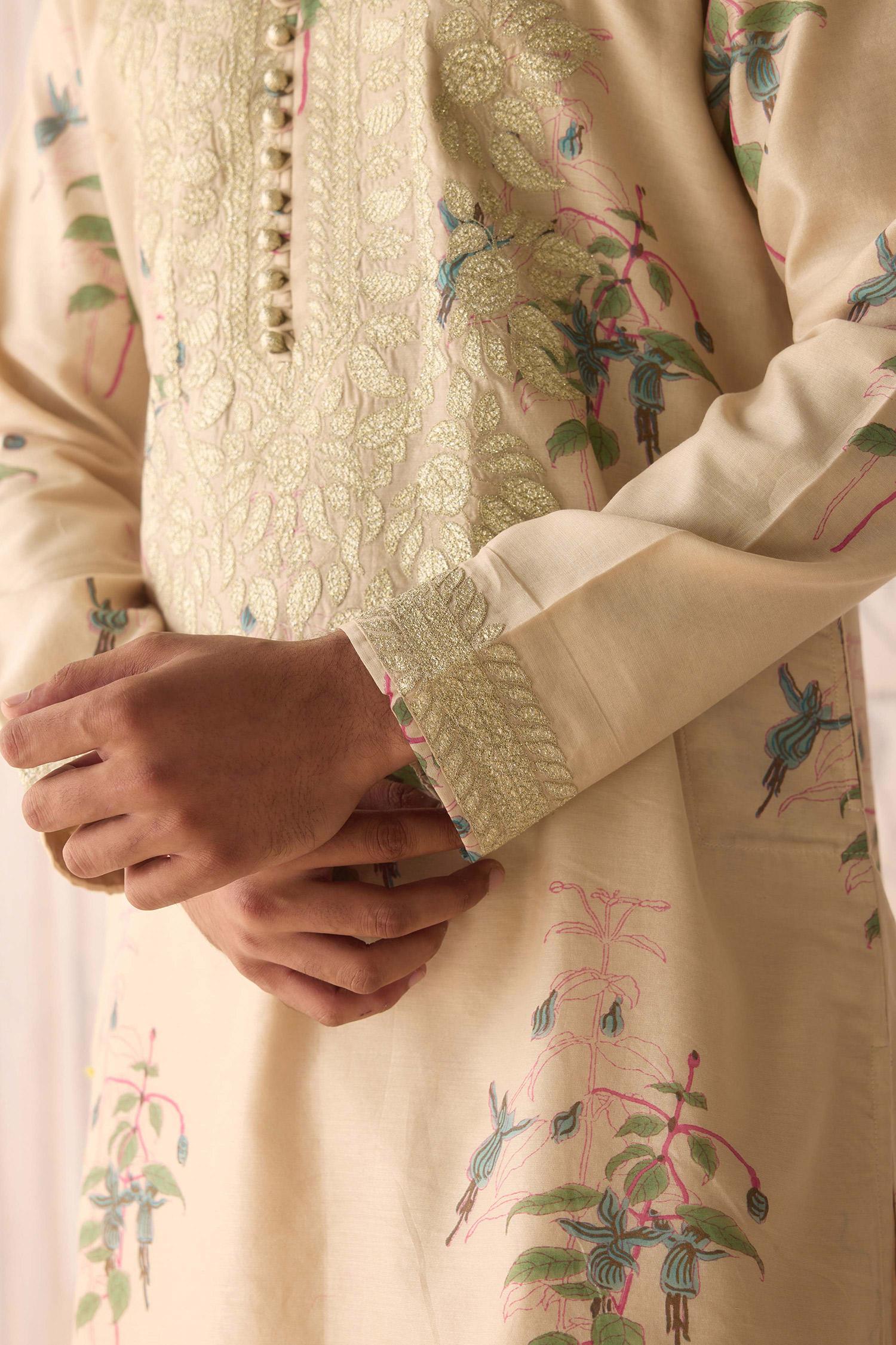 Kurta Set Beige Chanderi Satin Embroidery Sandshell Neutral