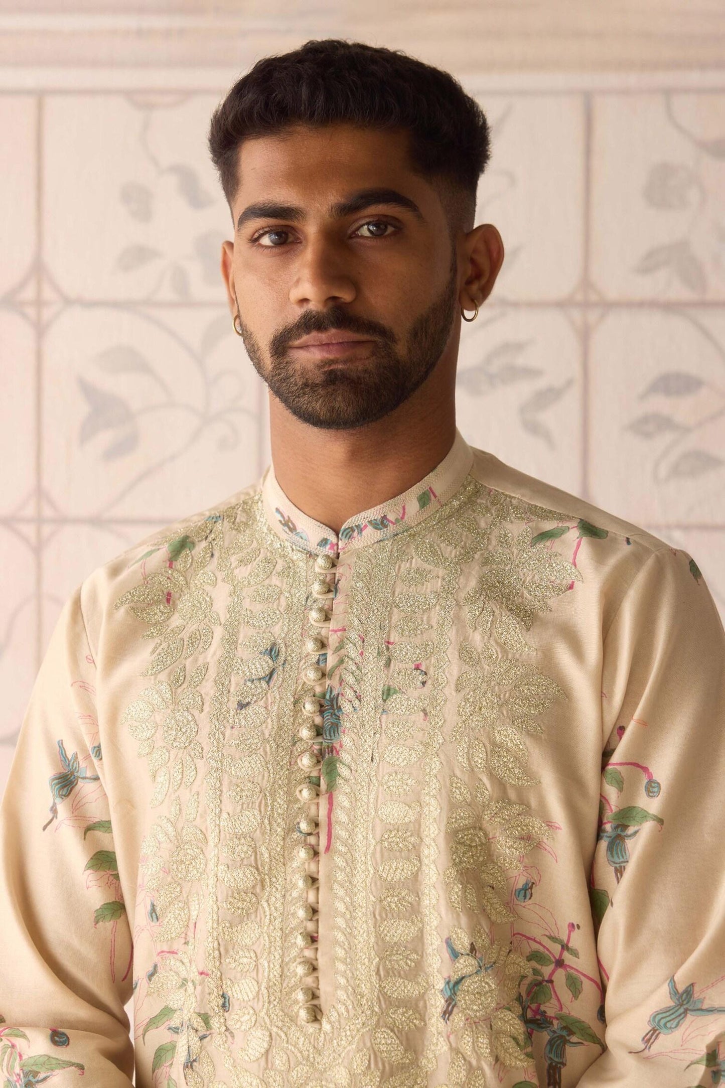 Kurta Set Beige Chanderi Satin Embroidery Sandshell Neutral