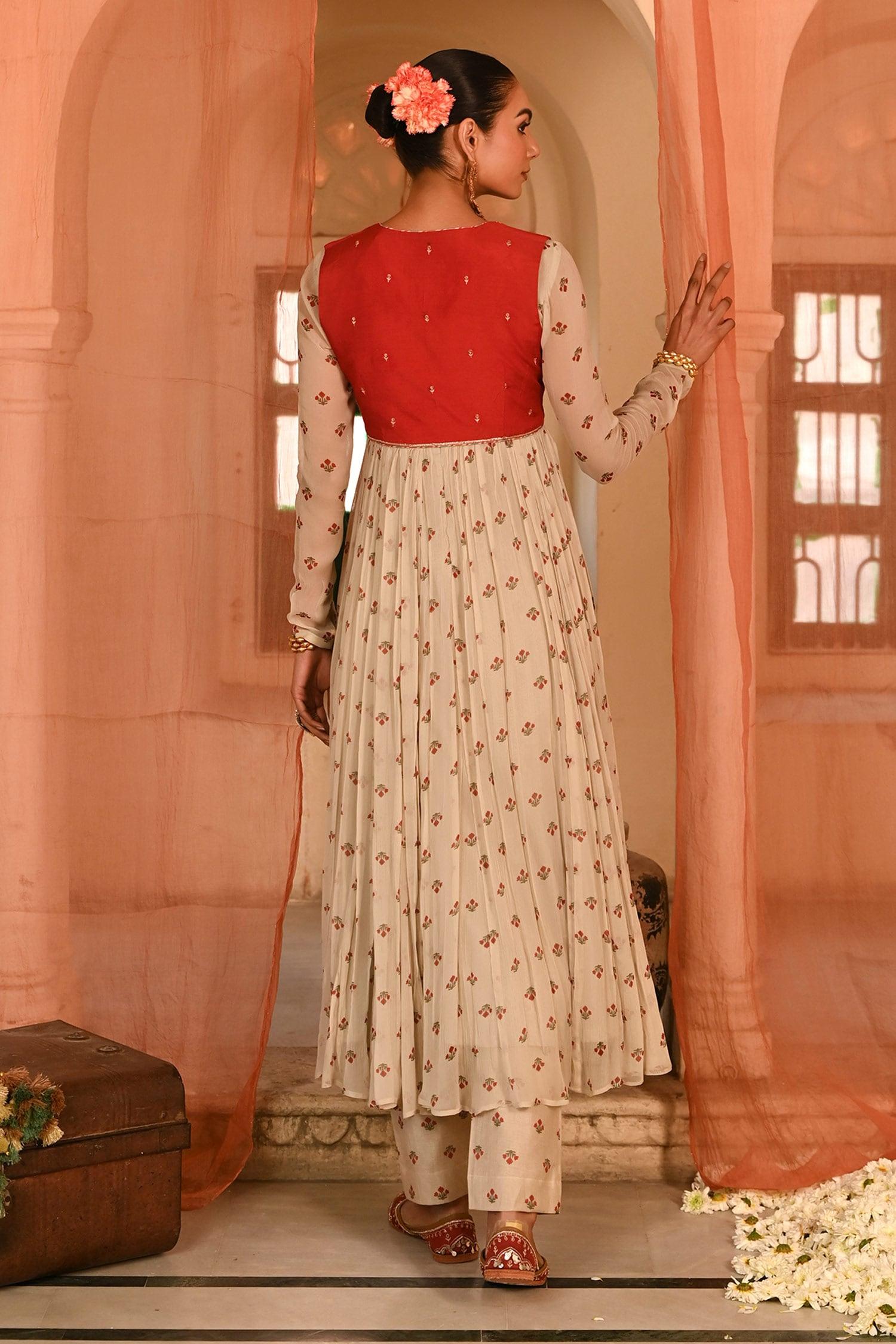 Beige Chiffon, Chanderi Embroidery Round Floral Print Anarkali Set With Koti - Designer Kurta Set
