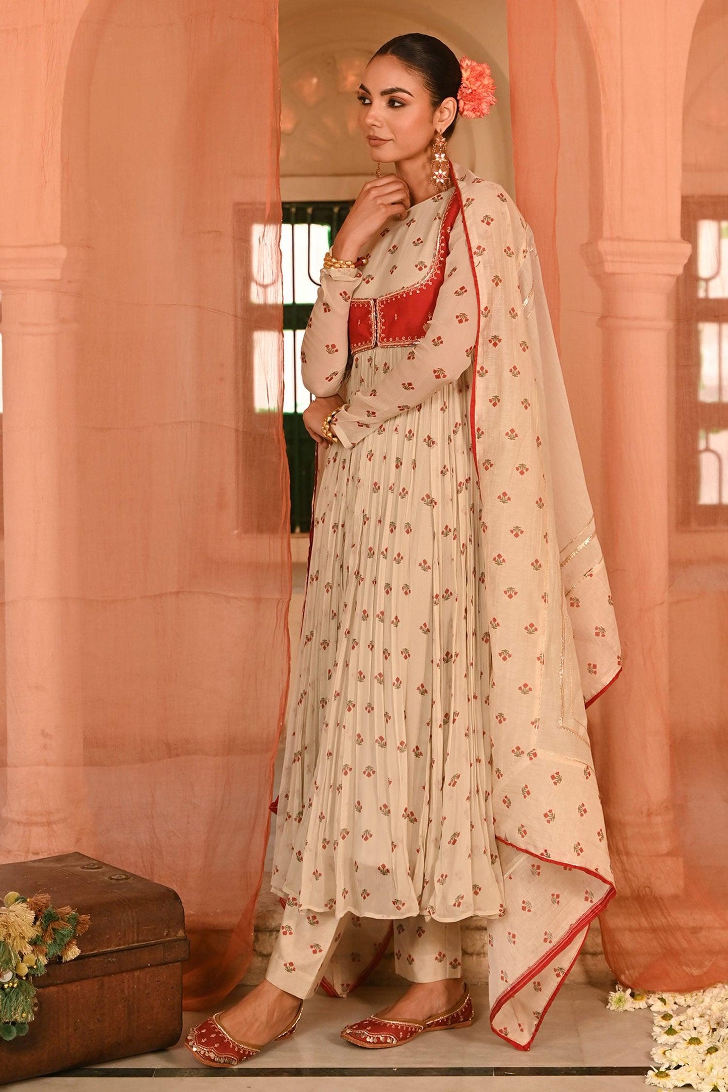 Beige Chiffon, Chanderi Embroidery Round Floral Print Anarkali Set With Koti - Designer Kurta Set