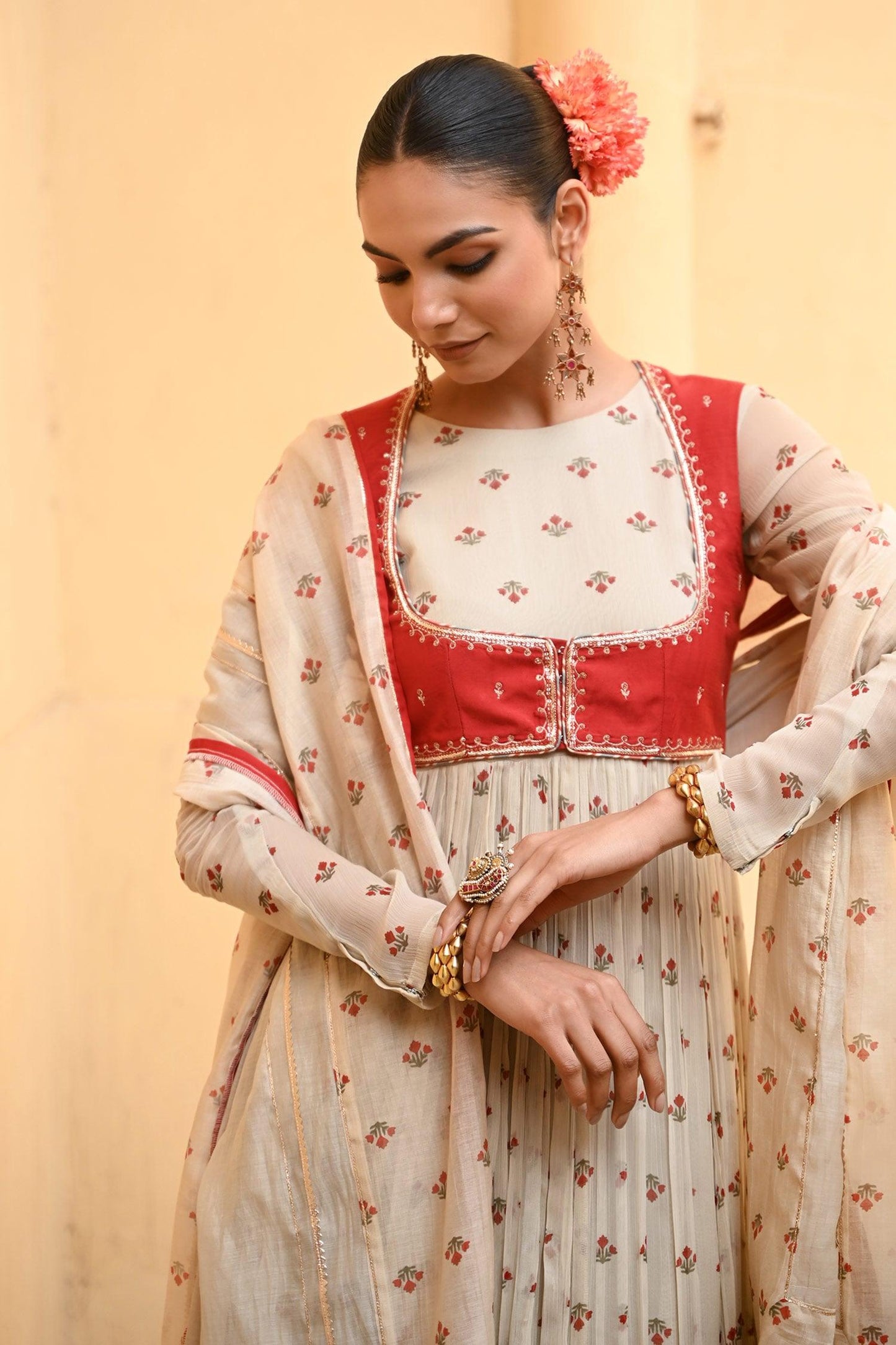 Beige Chiffon, Chanderi Embroidery Round Floral Print Anarkali Set With Koti - Designer Kurta Set