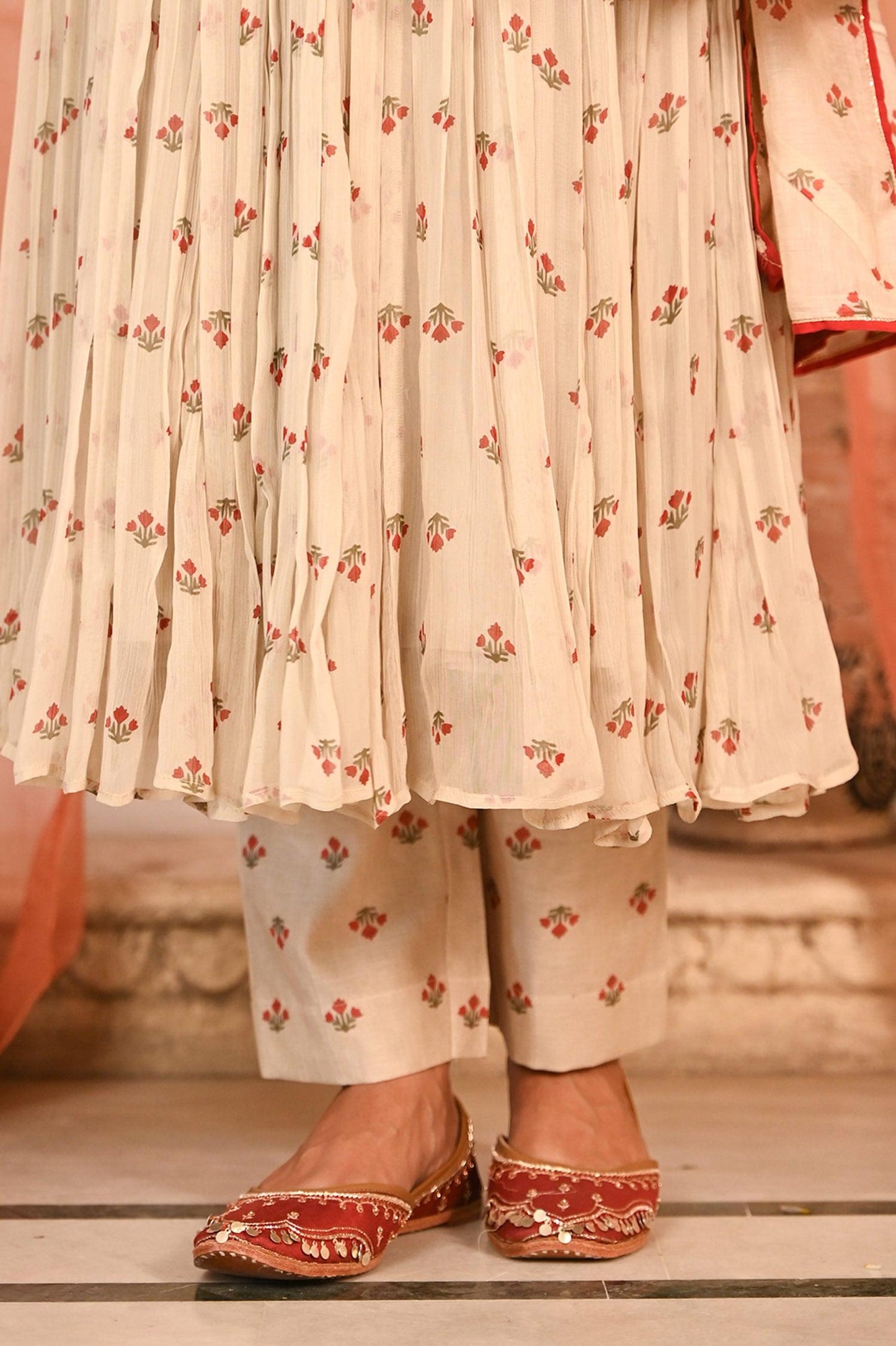 Beige Chiffon, Chanderi Embroidery Round Floral Print Anarkali Set With Koti - Designer Kurta Set