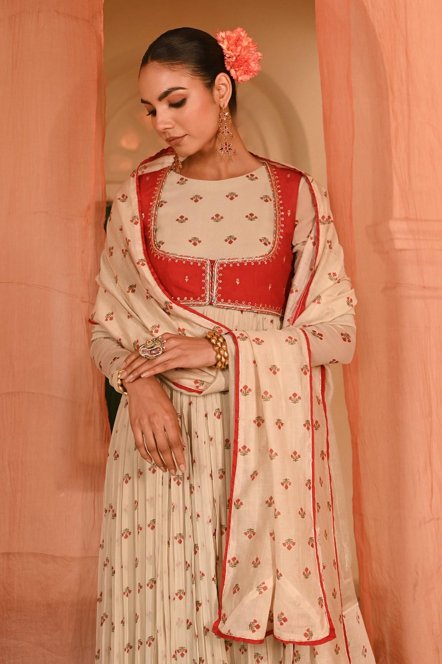 Beige Chiffon, Chanderi Embroidery Round Floral Print Anarkali Set With Koti - Designer Kurta Set