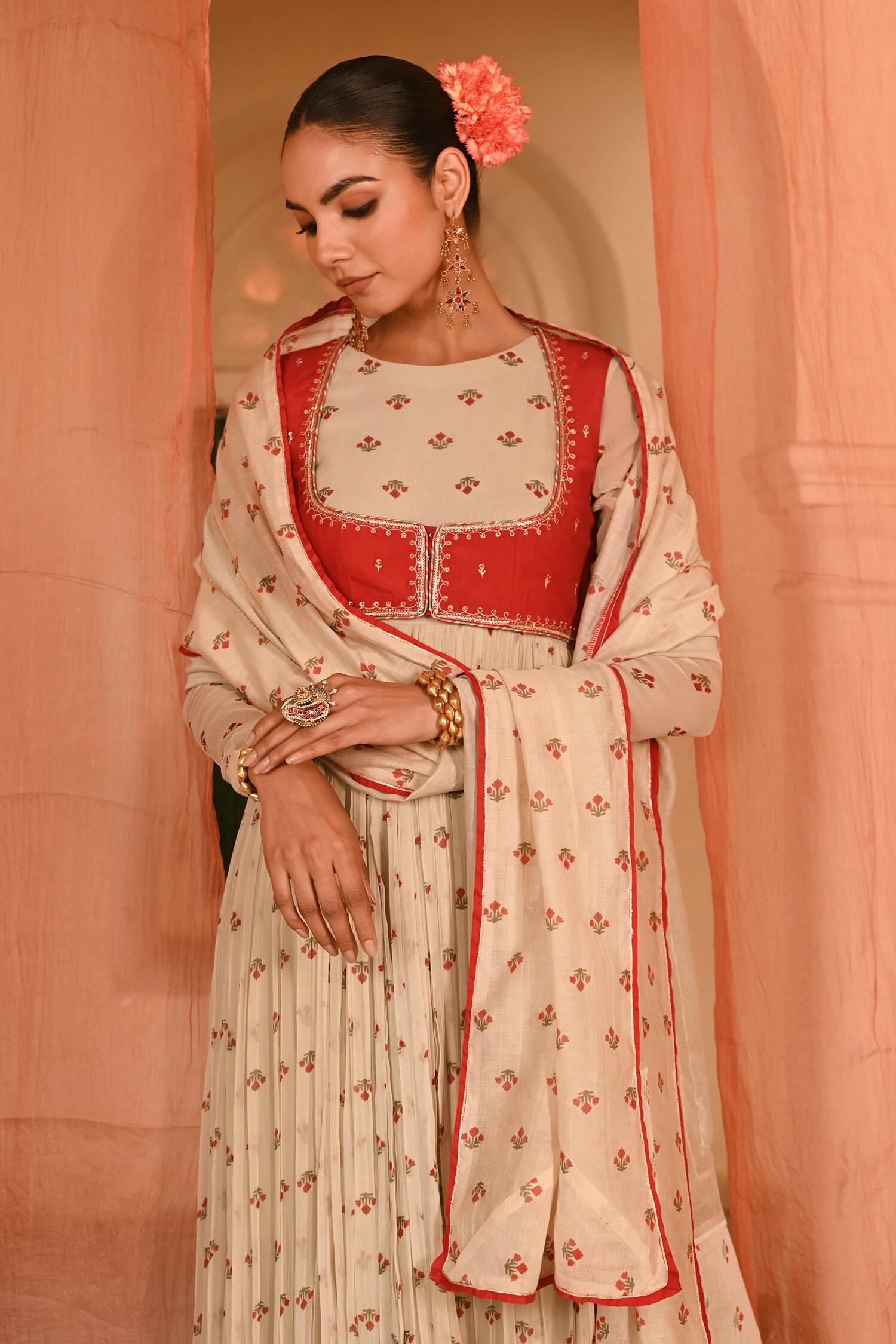 Beige Chiffon, Chanderi Embroidery Round Floral Print Anarkali Set With Koti - Designer Kurta Set