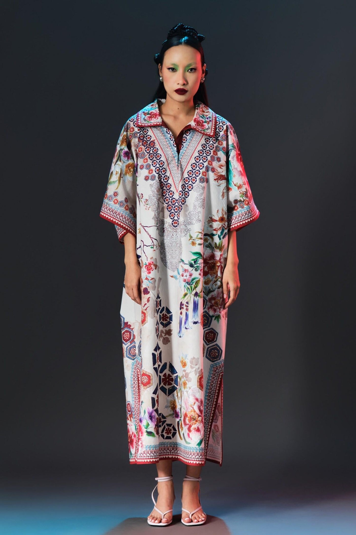 Beige Cotton, Poplin Collared, V-neck Briana Floral Print Designer - Designer Kurta Set