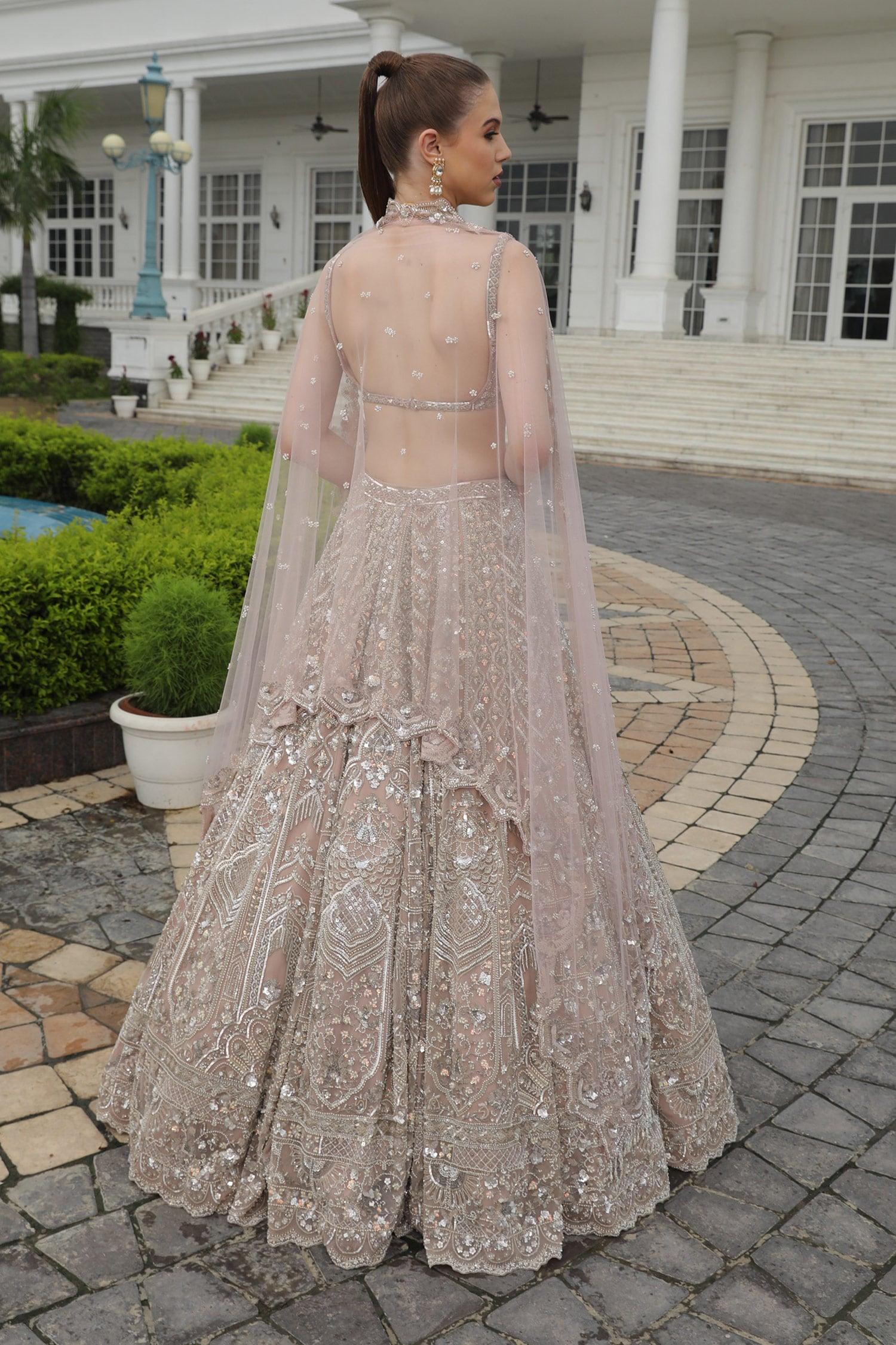 Beige Net Sequins, Crystals Sweetheart Neck Hand Embroidered Bridal Lehenga Set - Designer Kurta Set