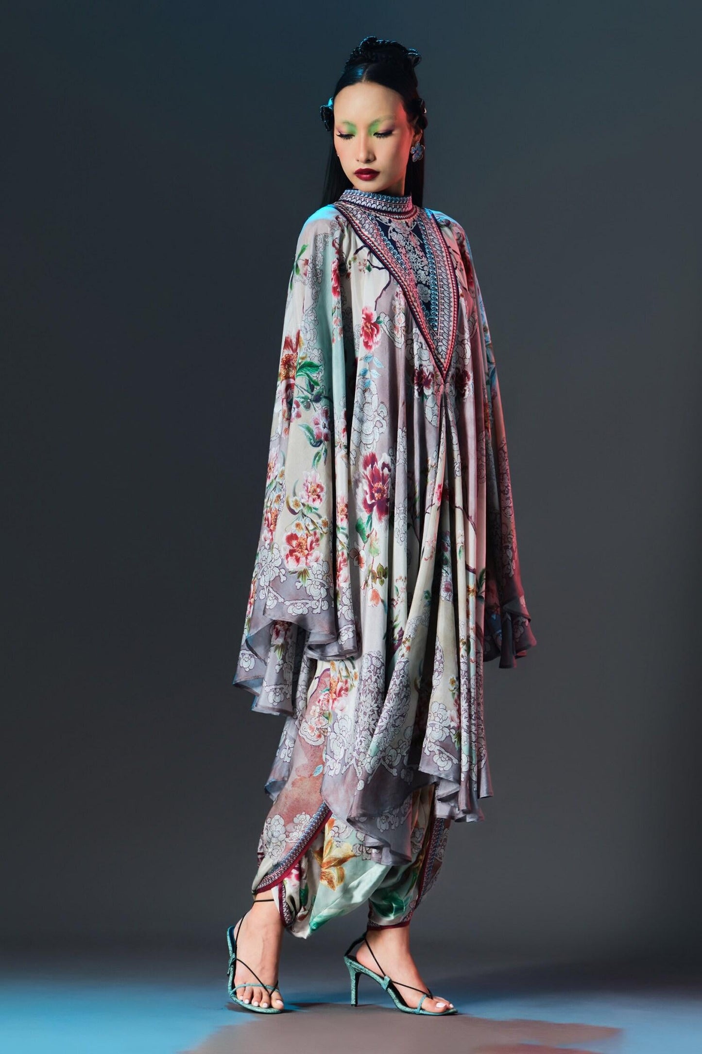 Beige Silk Collared Farah And Sage Draped Circular Kaftan - Designer Kurta Set