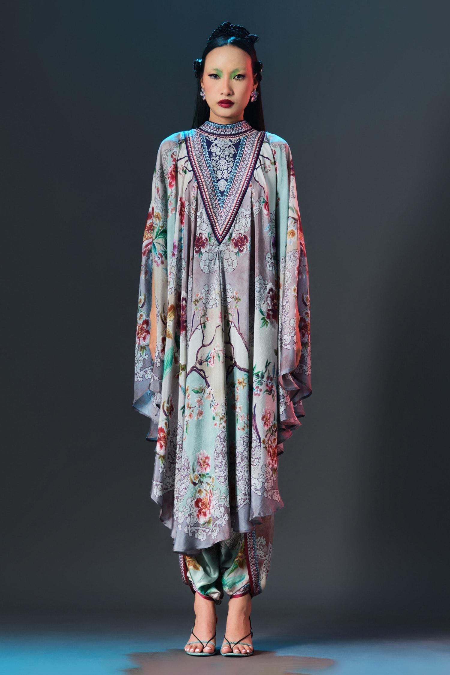Beige Silk Collared Farah And Sage Draped Circular Kaftan - Designer Kurta Set
