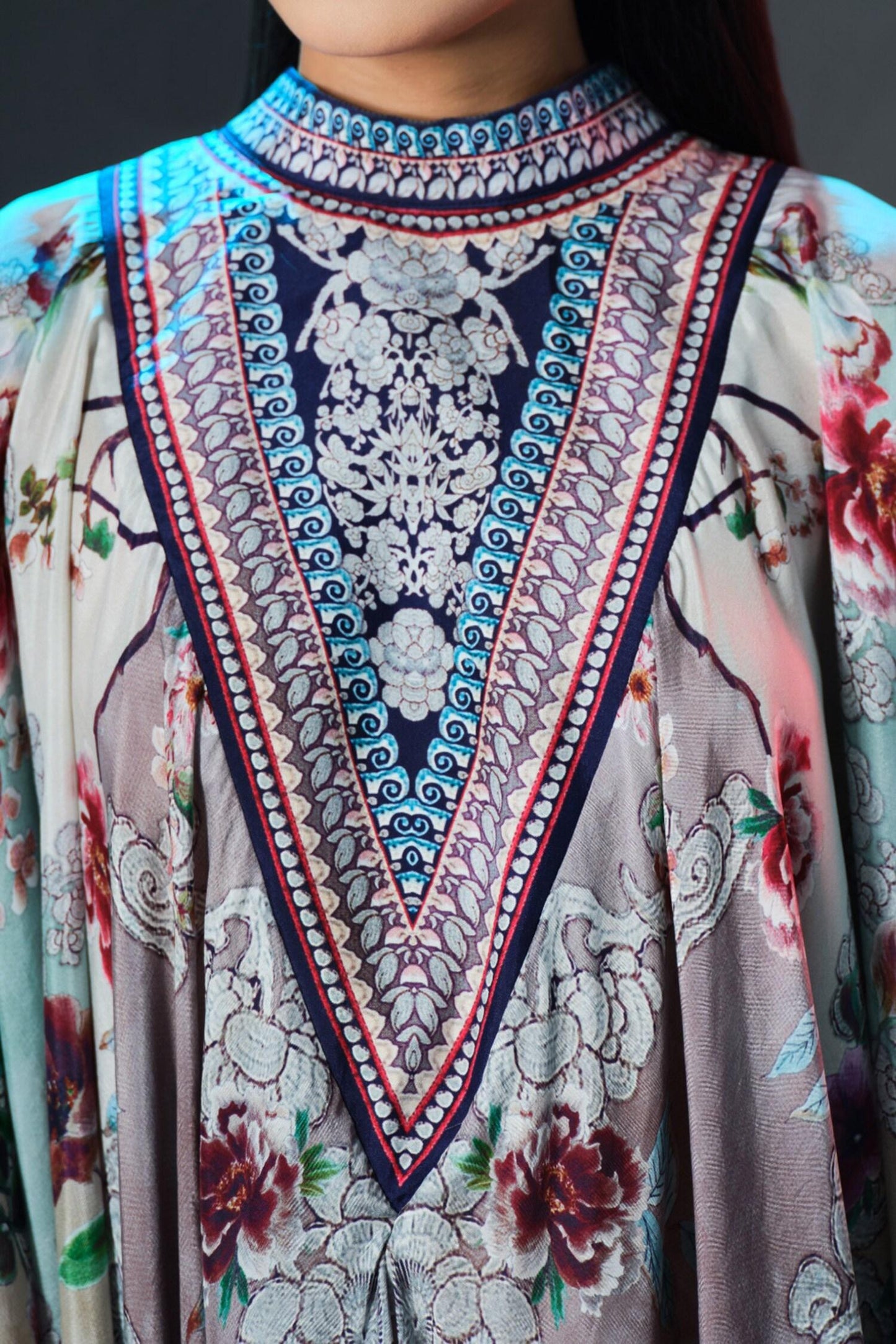 Beige Silk Collared Farah And Sage Draped Circular Kaftan - Designer Kurta Set