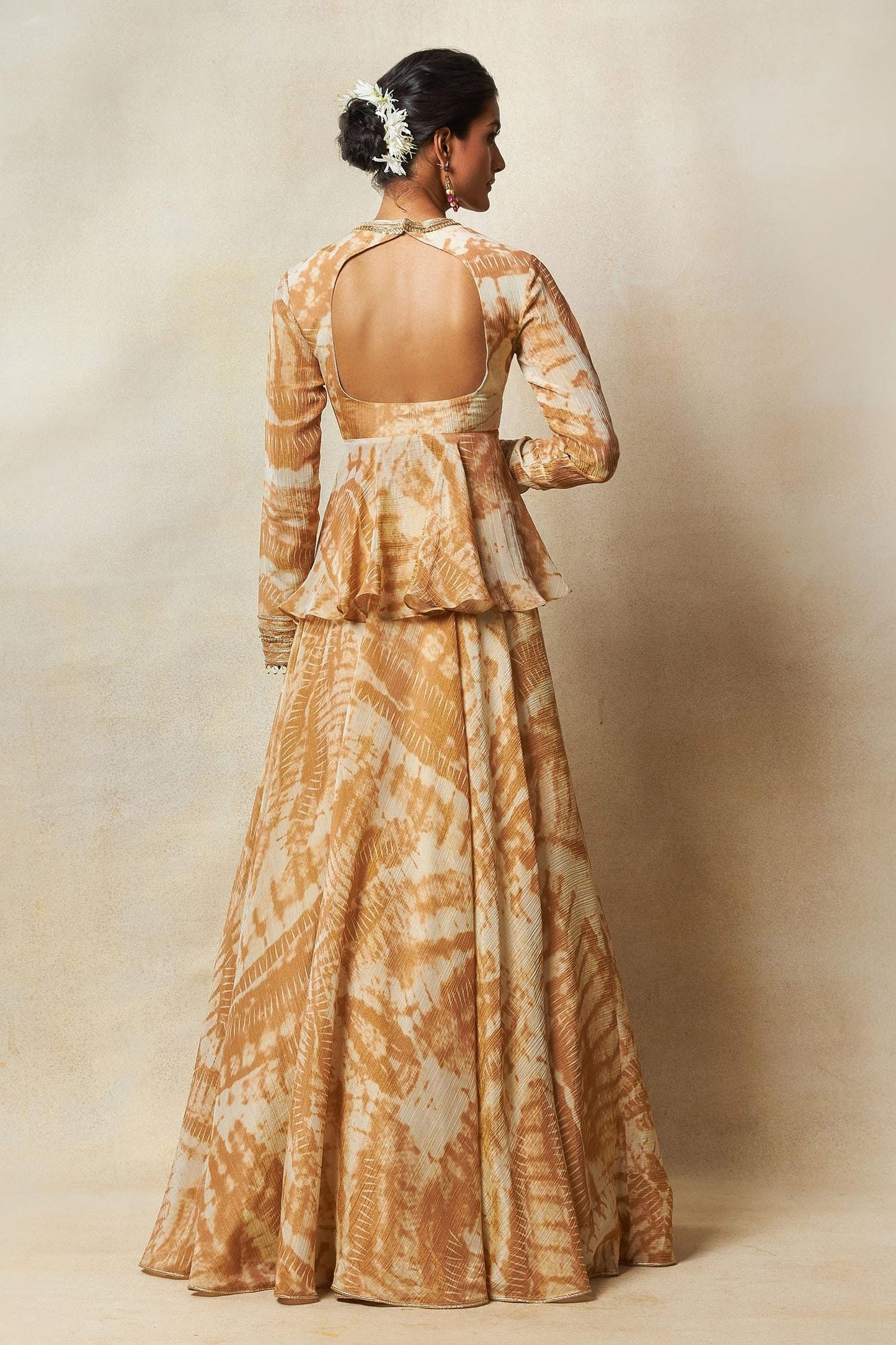 Beige Silk Embroidery V-neck Abstract Print Lehenga Set - Designer Kurta Set