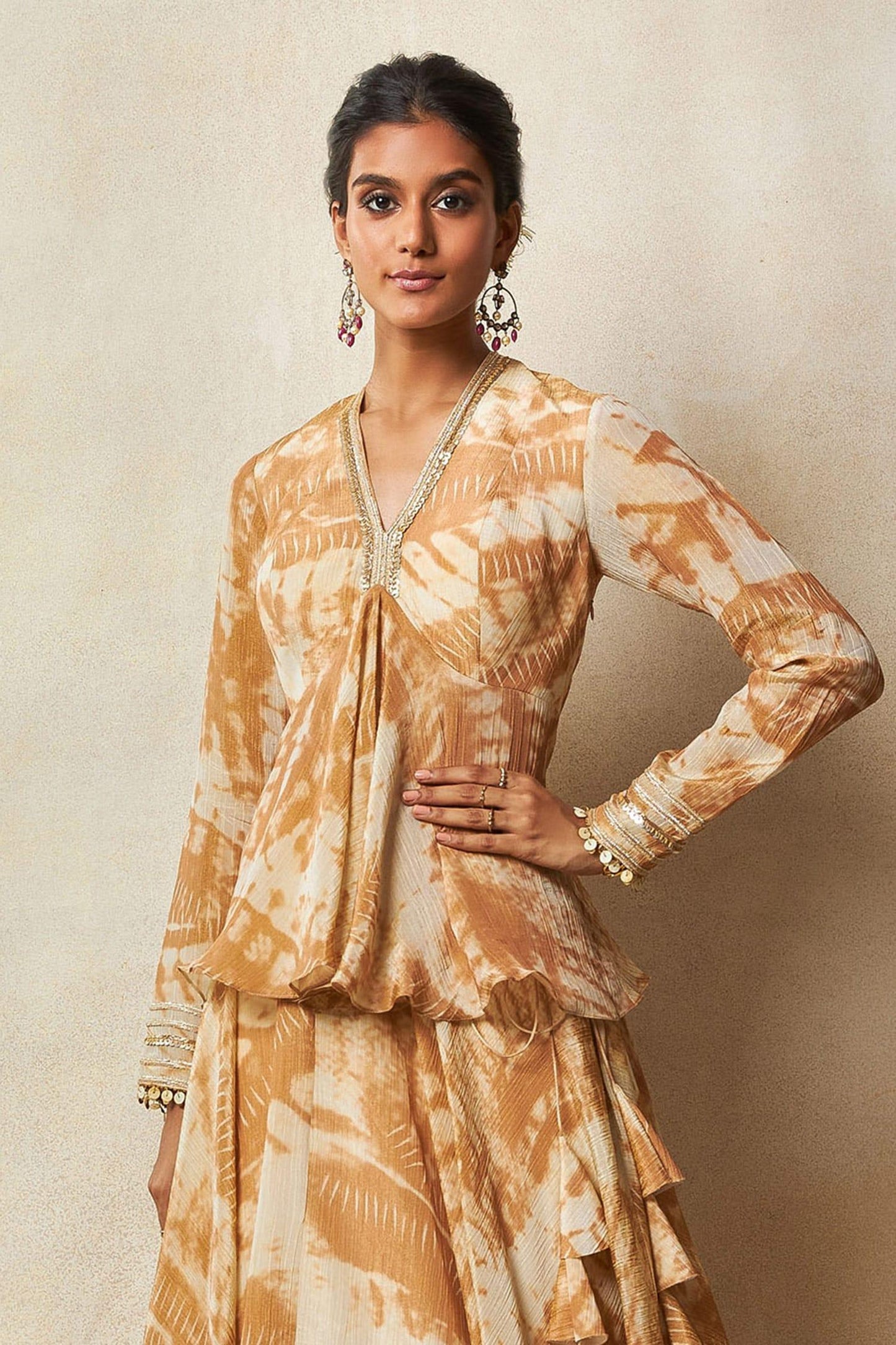 Beige Silk Embroidery V-neck Abstract Print Lehenga Set - Designer Kurta Set