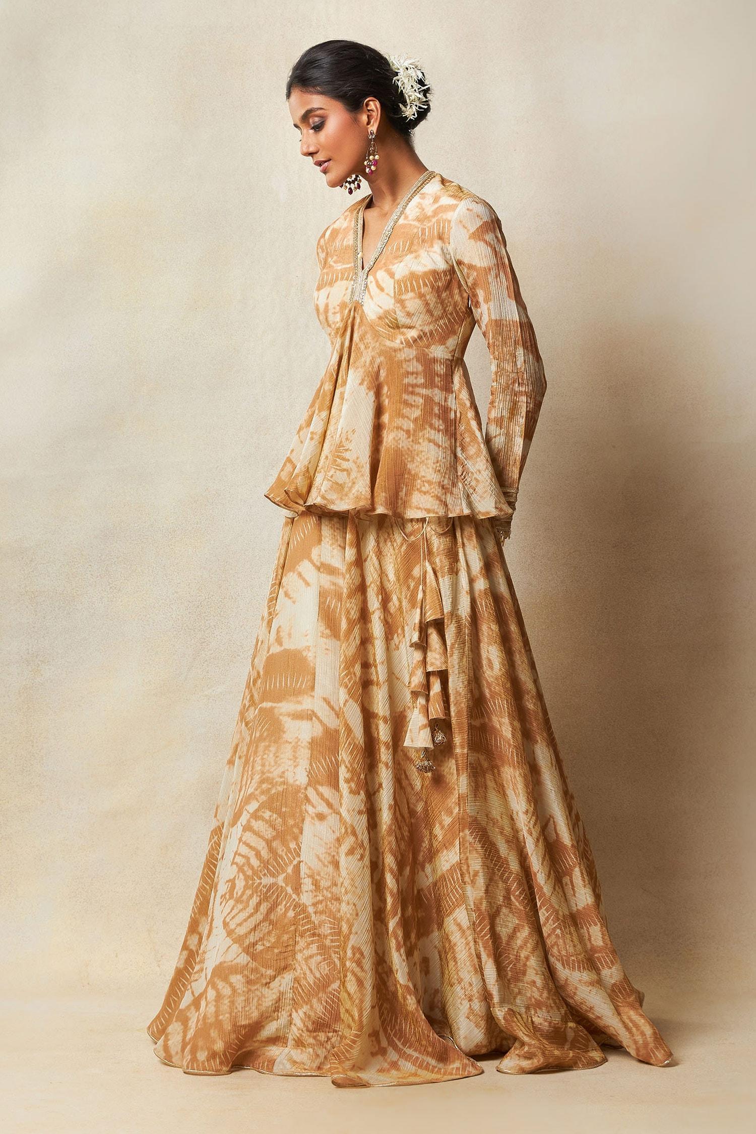 Beige Silk Embroidery V-neck Abstract Print Lehenga Set - Designer Kurta Set