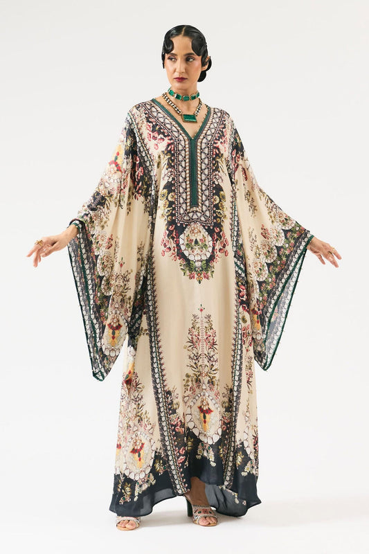 Beige Silk Embroidery V-neck Beatrice Floral Print Kaftan - Designer Kurta Set