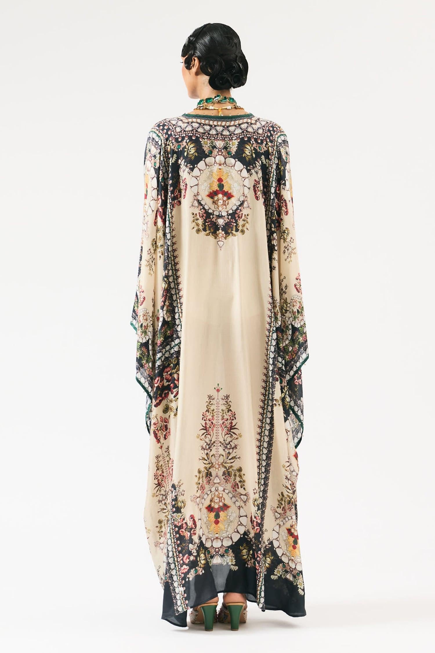 Beige Silk Embroidery V-neck Beatrice Floral Print Kaftan - Designer Kurta Set
