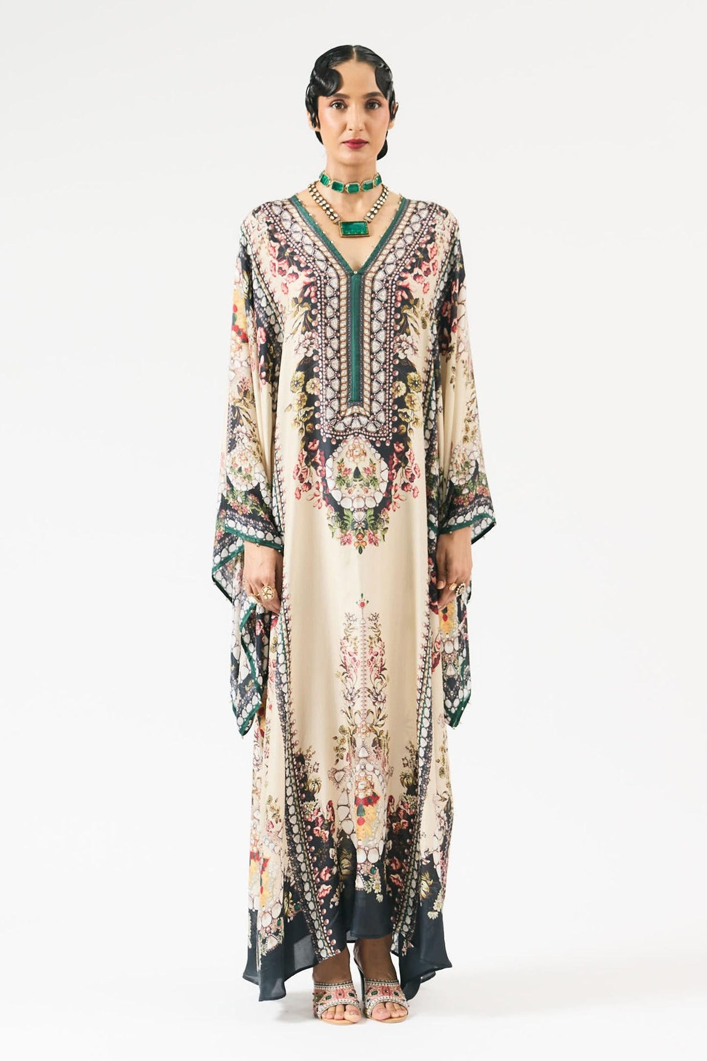 Beige Silk Embroidery V-neck Beatrice Floral Print Kaftan - Designer Kurta Set