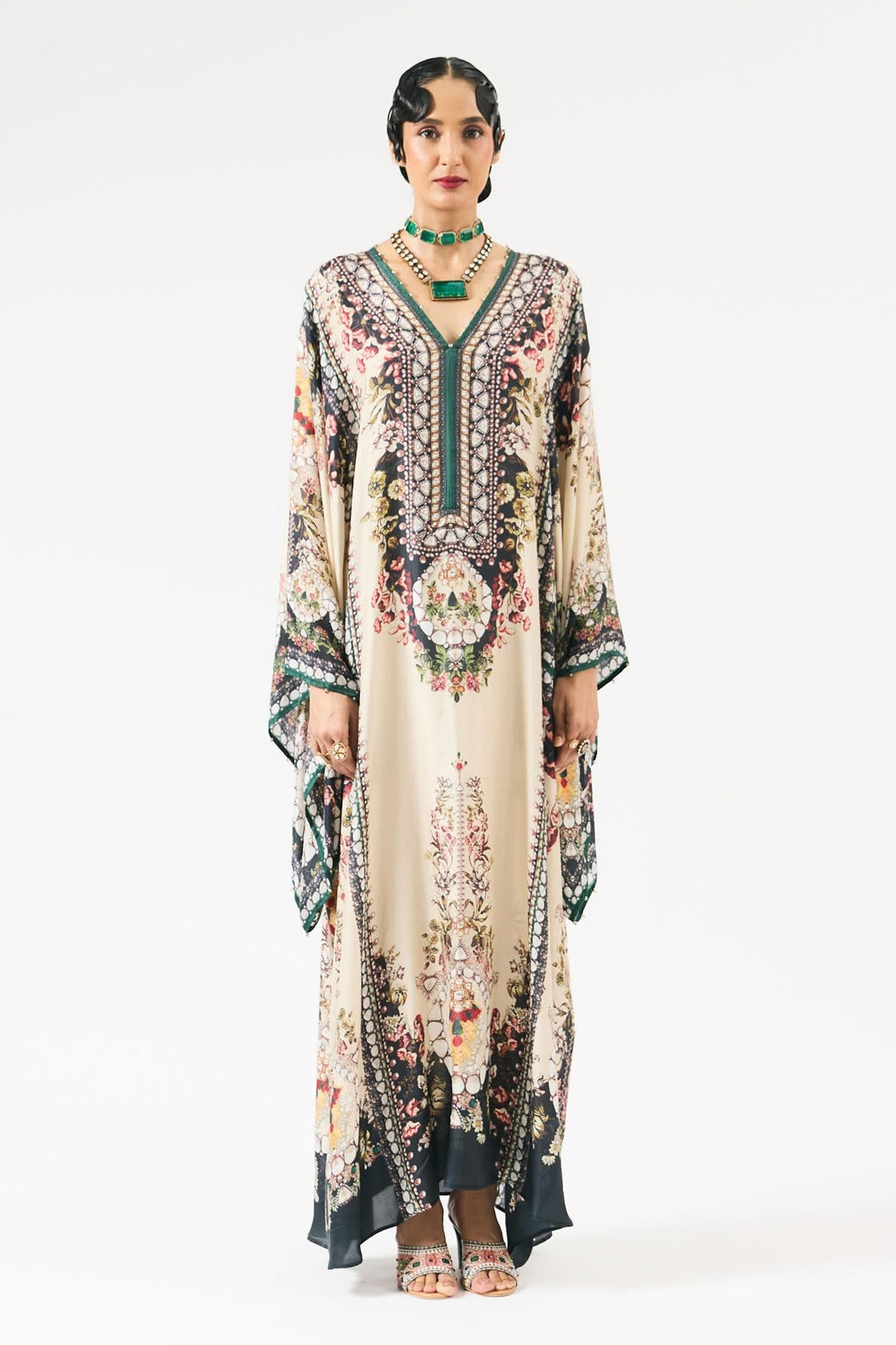 Beige Silk Embroidery V-neck Beatrice Floral Print Kaftan - Designer Kurta Set