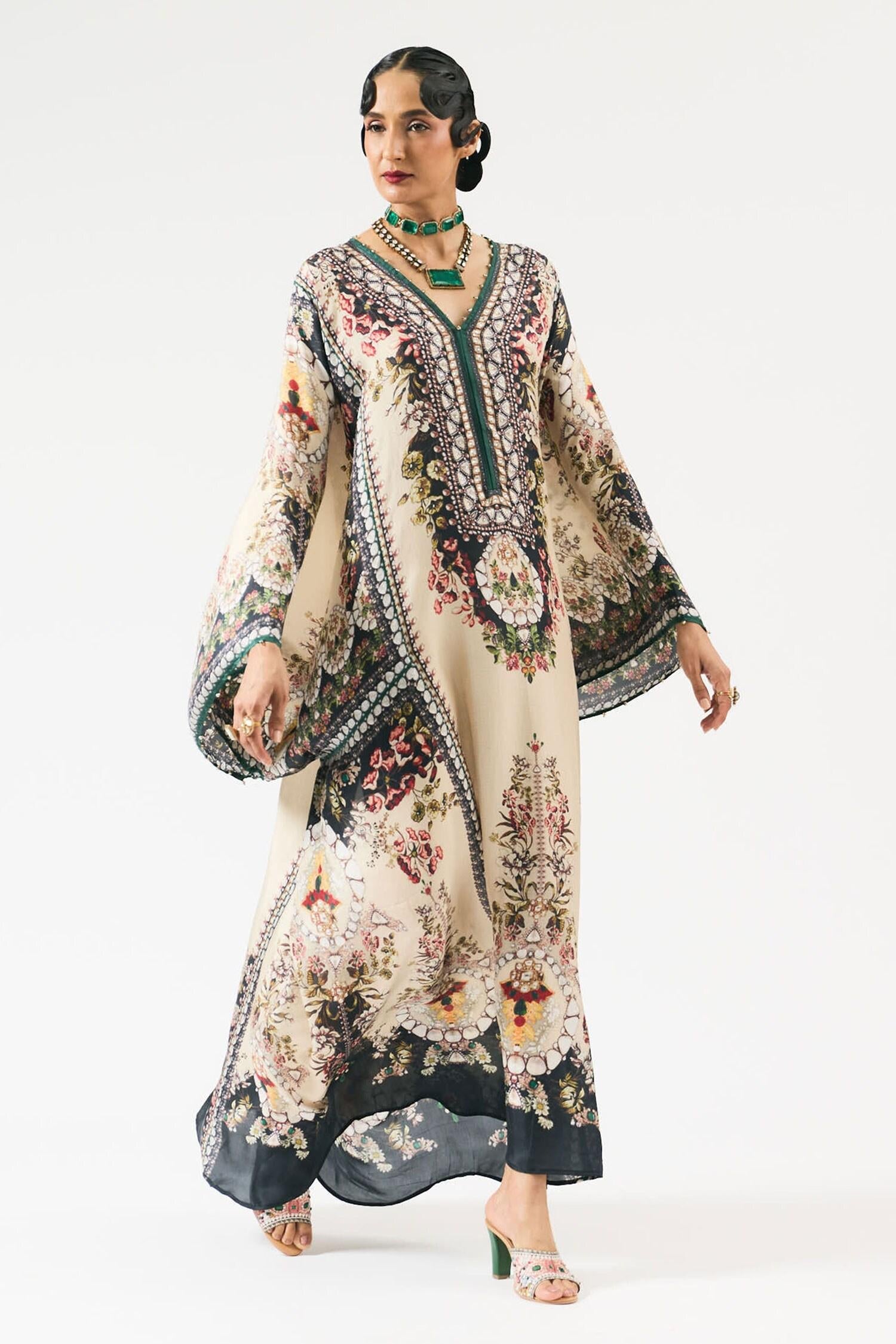 Beige Silk Embroidery V-neck Beatrice Floral Print Kaftan - Designer Kurta Set