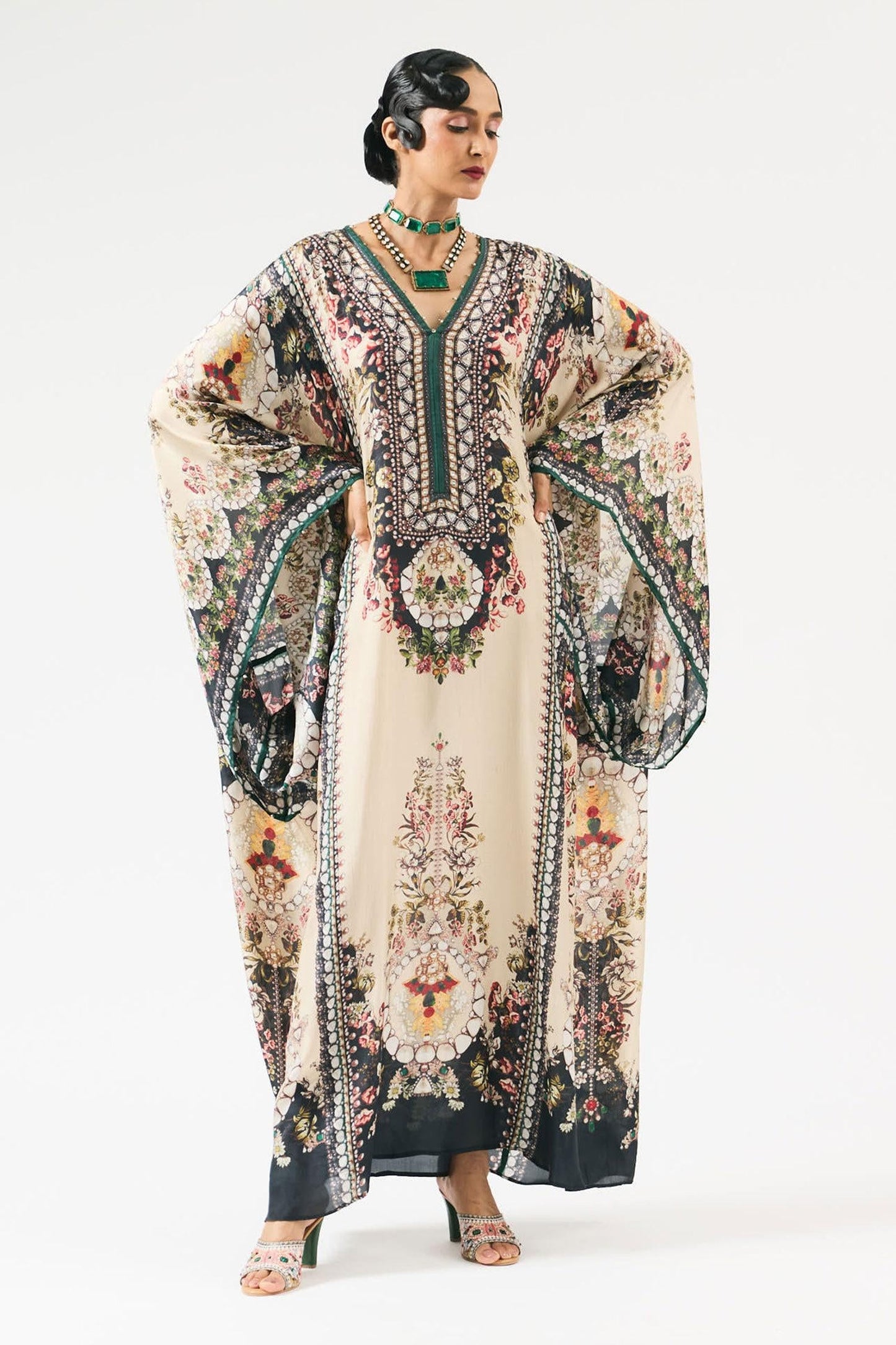 Beige Silk Embroidery V-neck Beatrice Floral Print Kaftan - Designer Kurta Set