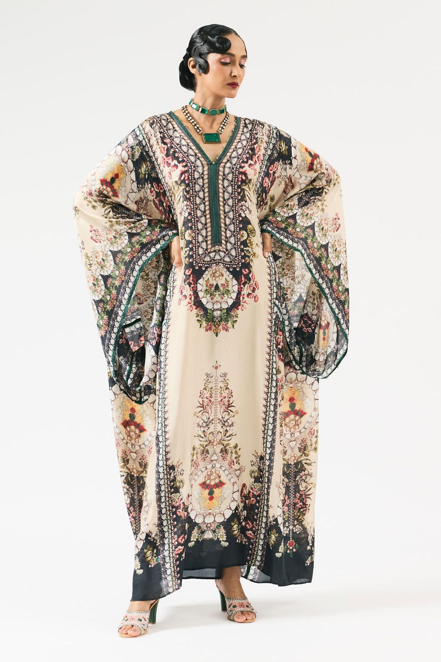 Beige Silk Embroidery V-neck Beatrice Floral Print Kaftan - Designer Kurta Set
