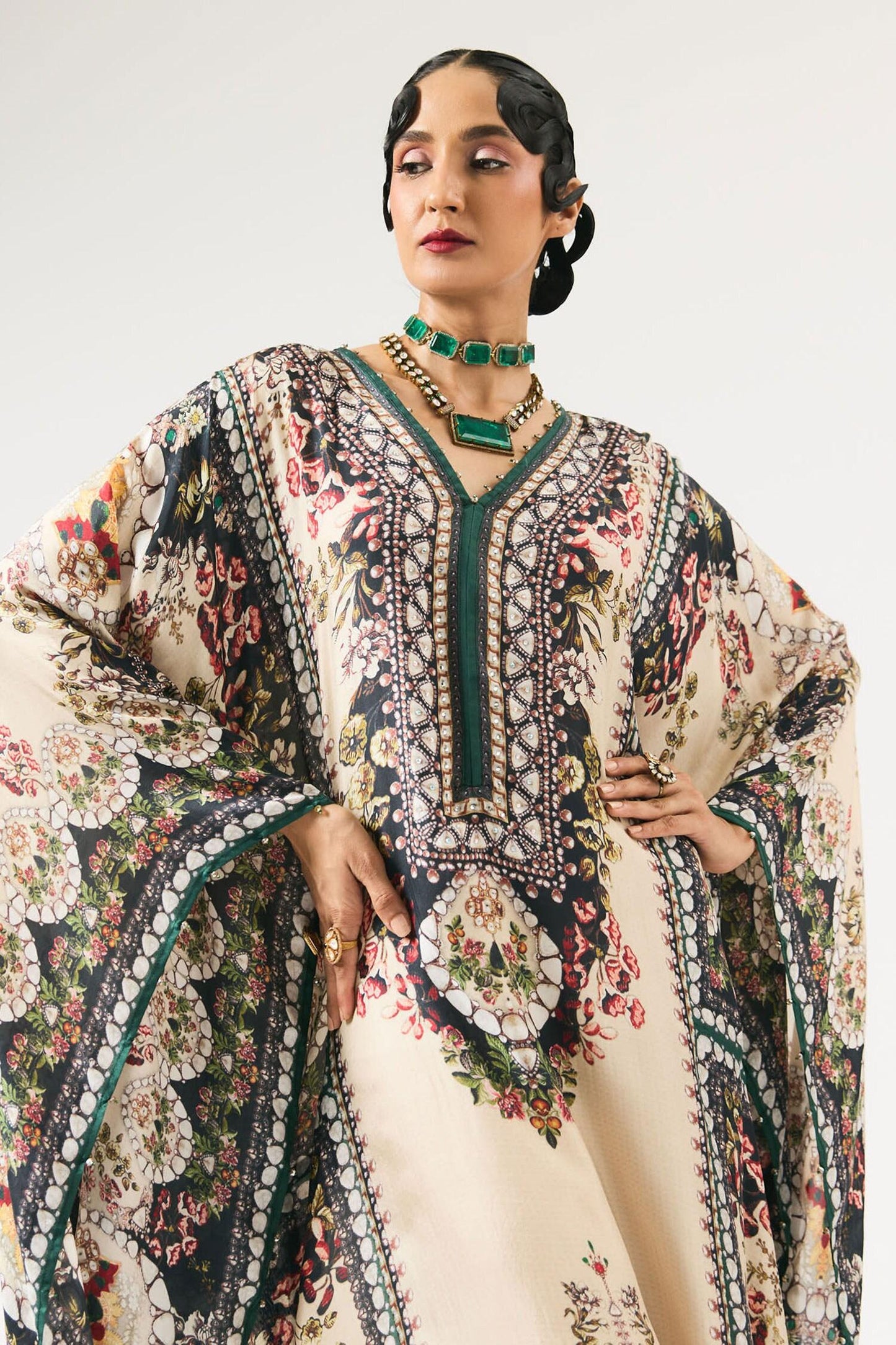 Beige Silk Embroidery V-neck Beatrice Floral Print Kaftan - Designer Kurta Set